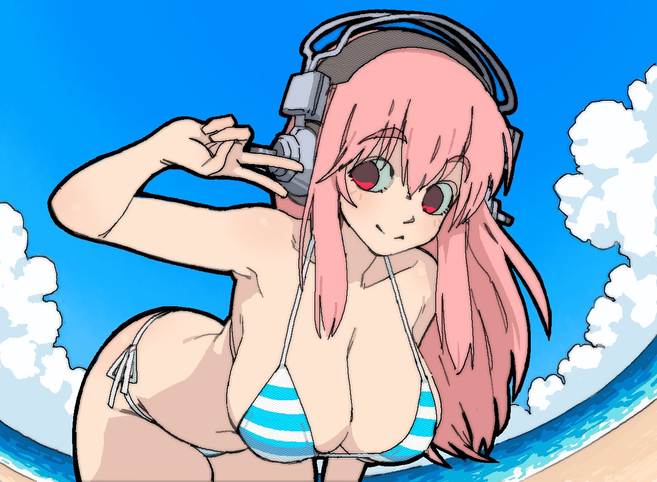 armpits, beach, bikini, blue bikini, blue sky, breasts, cleavage, closed mouth, cloud, female, fisheye, hair between eyes, hand up, headphones, large breasts, multicolored bikini, nitroplus, no pupils, ocean, outdoors, pantsu-ripper, pink hair, red eyes, side-tie bikini bottom, sky, smile, solo, straight hair, striped bikini, striped clothes, super sonico, swimsuit, two-tone bikini, v, white bikini
