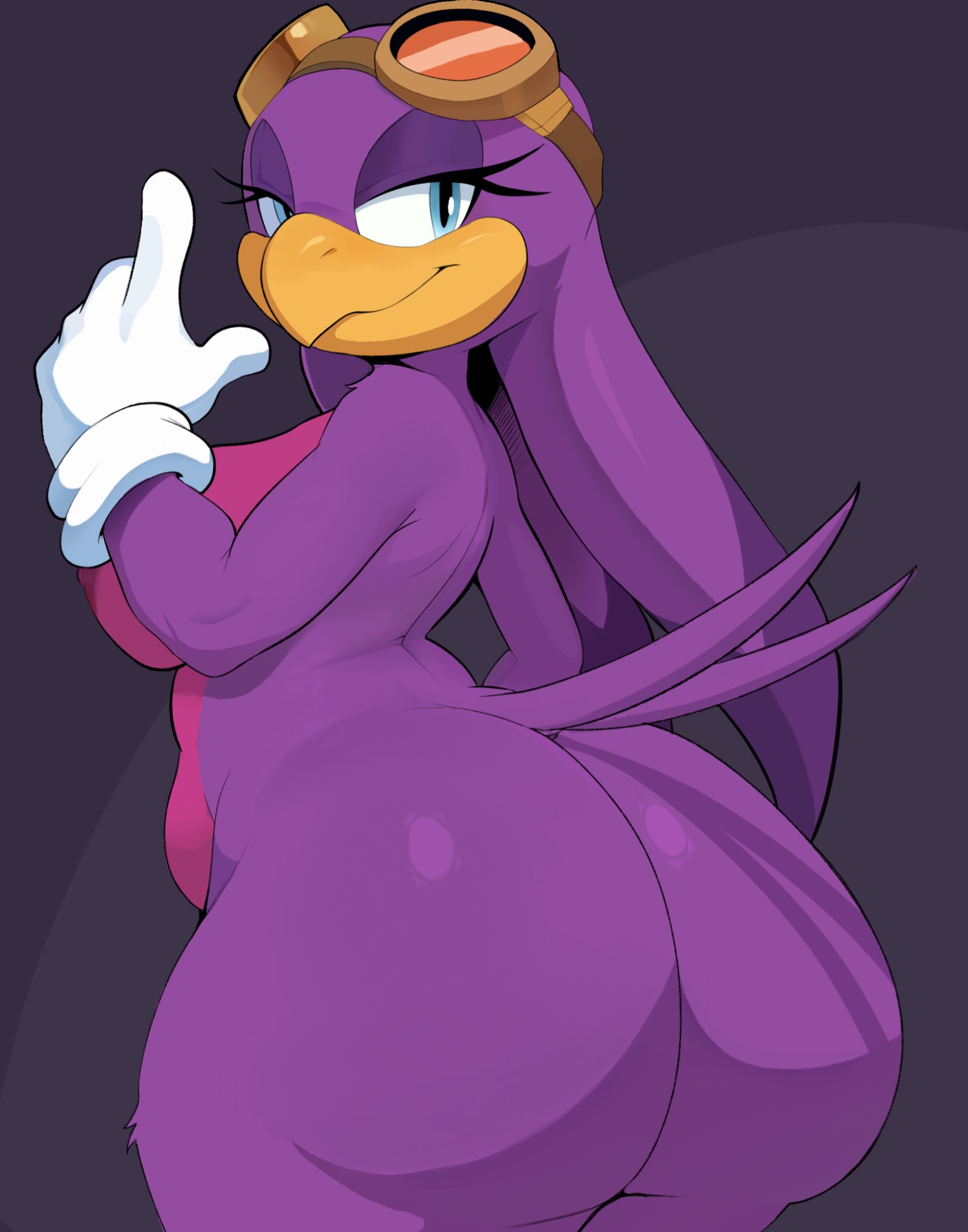 1girls, anthro, ass, big ass, big breasts, breasts, from behind, furry, gloves, goggles, goggles on head, huge ass, looking at viewer, looking back, purple hair, sega, smile, solo, sonic (series), sonic riders, sonic the hedgehog (series), tagme, tail, uterotera, wave the swallow, wide hips