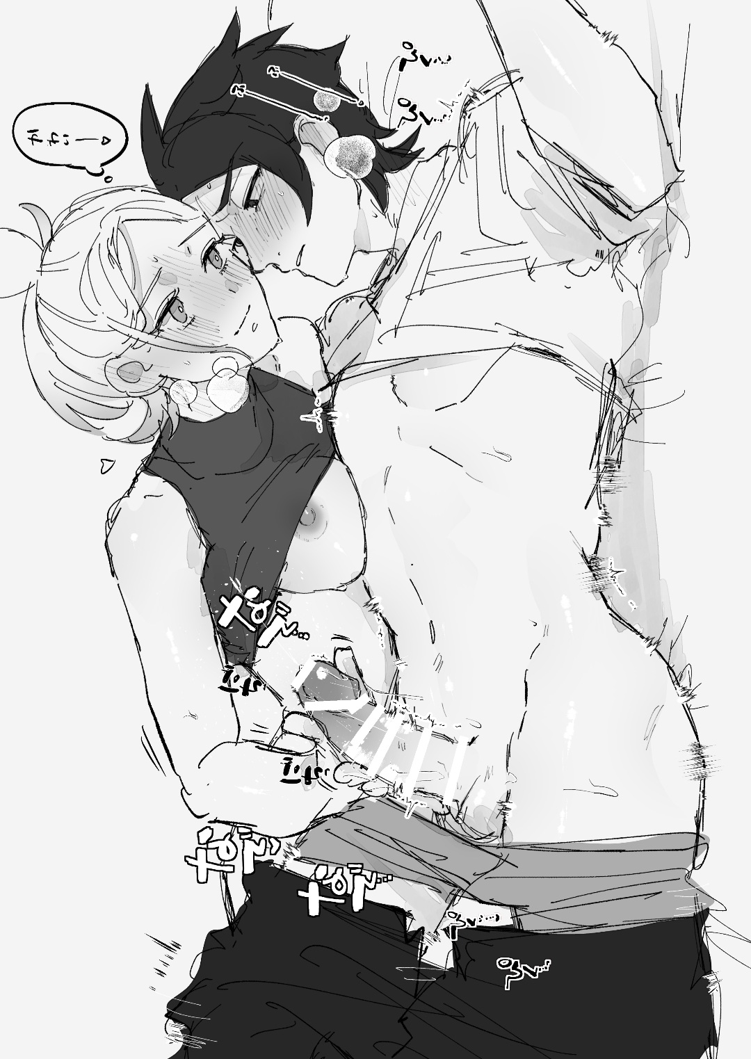 1boy, 1girls, assertive female, bar censor, blush, breasts, breasts out, censored, eye contact, game freak, greyscale, handjob, kyouya (pokemon), looking at another, looking at partner, navel, nintendo, nipples, pants, pants down, paxton (pokemon), penis, pokemon, pokemon legends: z-a, shirt, shirt lift, smile, straight, suwa (hdgjg40fwe92334), taunie (pokemon), townie (pokemon)