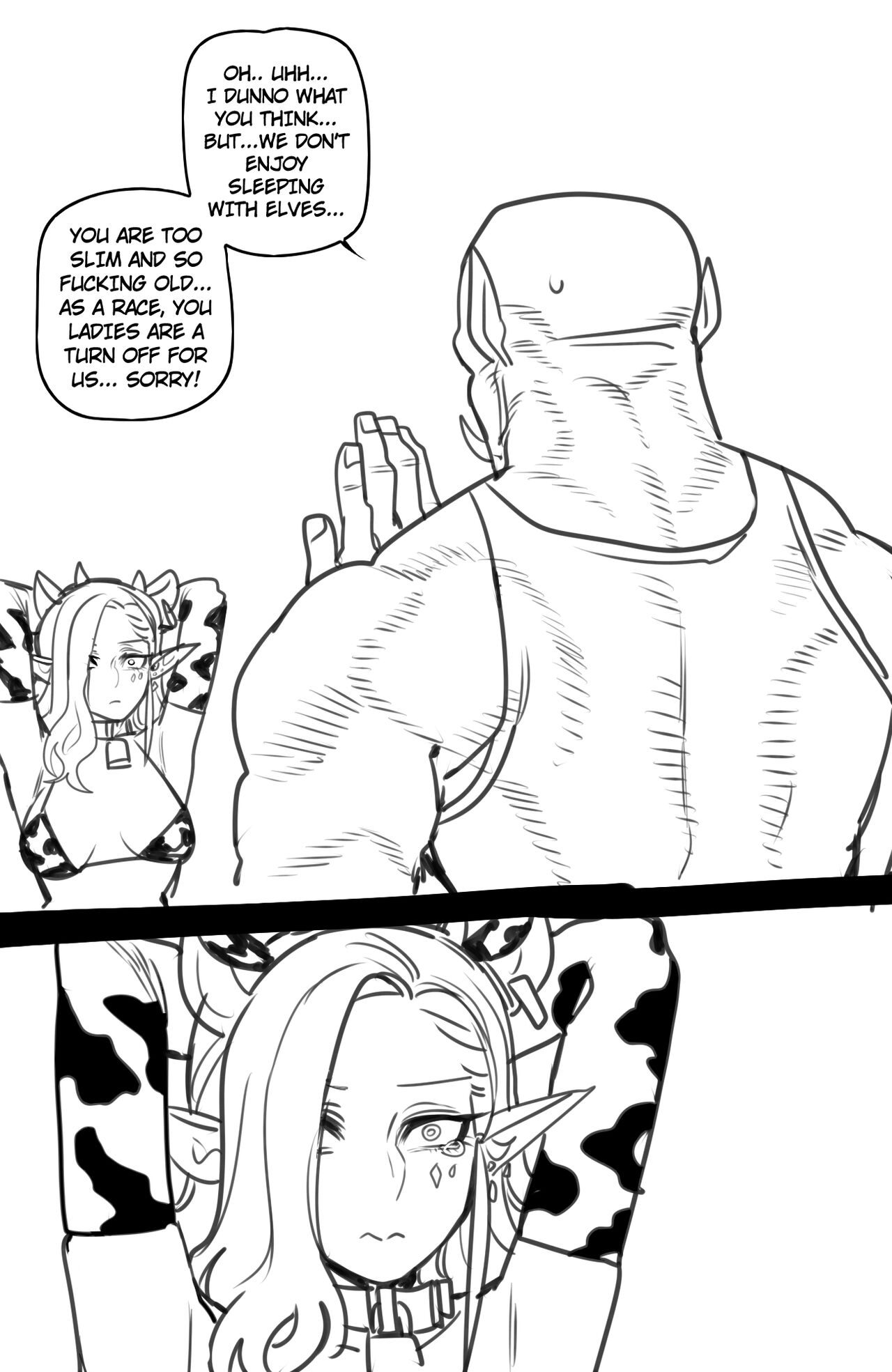 1boy, 1boy1girl, 1girls, armpit, armpits, arms behind head, arms up, bad ending party, big breasts, comedy, cow collar, cow ears, cow print, cowbell, cowbell collar, cowgirl outfit, dialog, dialogue, elf, elf ears, elf female, english text, failed attempt, failed seduction, female, funny, good ending party, long hair, orc, orc male, original character, ratatatat74, rejection, sad, spread legs, tagme, tattoo, tearing up, text, white hair