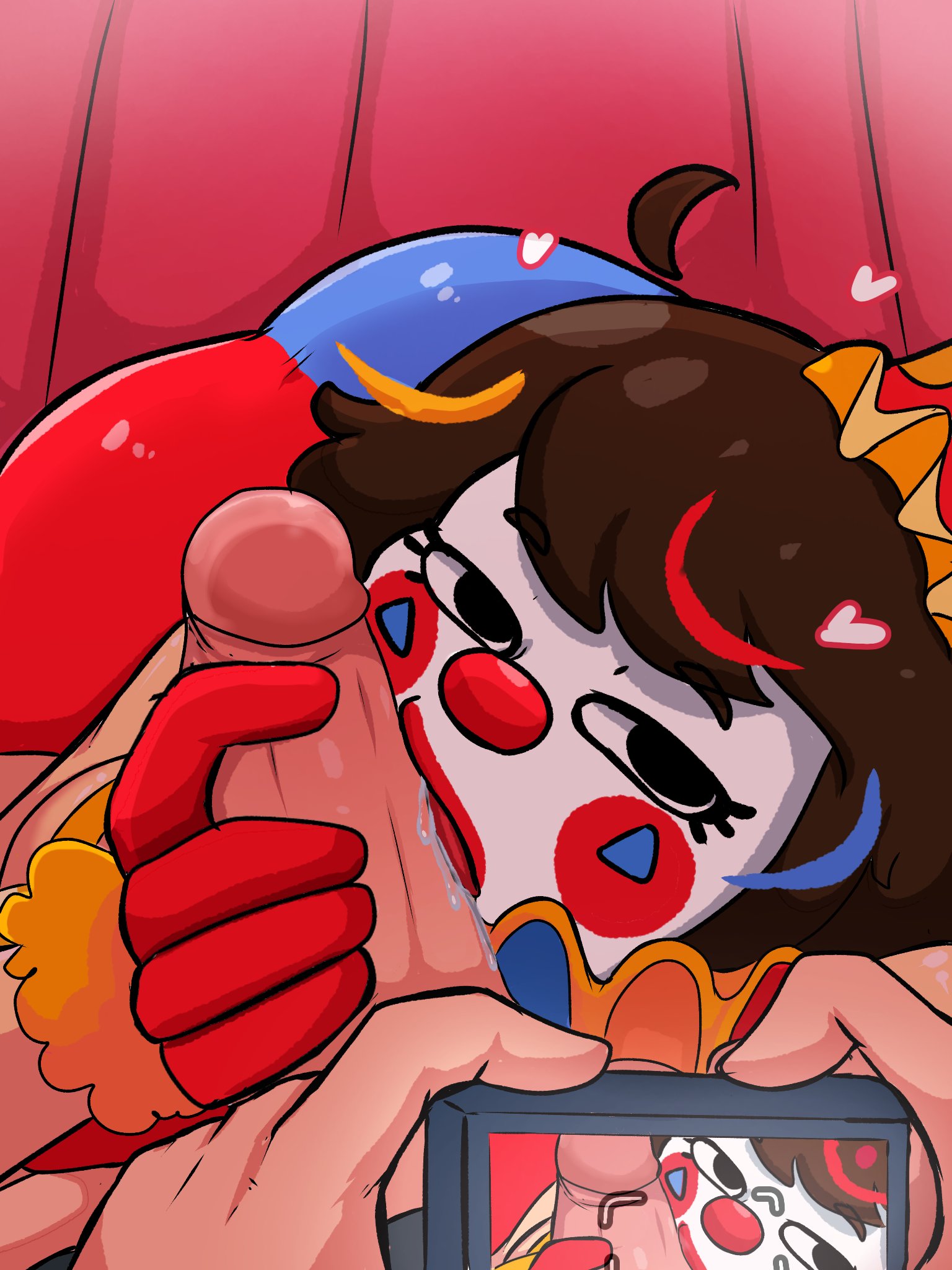 1boy, 1girls, brown hair, clothed female nude male, clown, clown girl, clown makeup, clown nose, fellatio, female, handjob, hex doodles, licking penis, looking at viewer, male, male pov, oc, oral, original, original character, pov, taking picture