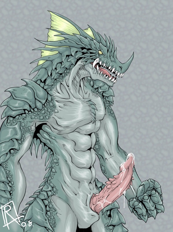 1boy barbs claws cum dragon erection fangs horns male male_only monster muscles nude penis precum reho reptile scalie solo standing tongue yellow_eyes