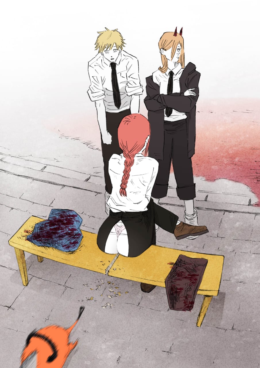 1boy, 2girls, ass, chainsaw man, denji (chainsaw man), kozureokami20, makima (chainsaw man), manga, pochita (chainsaw man), power (chainsaw man)