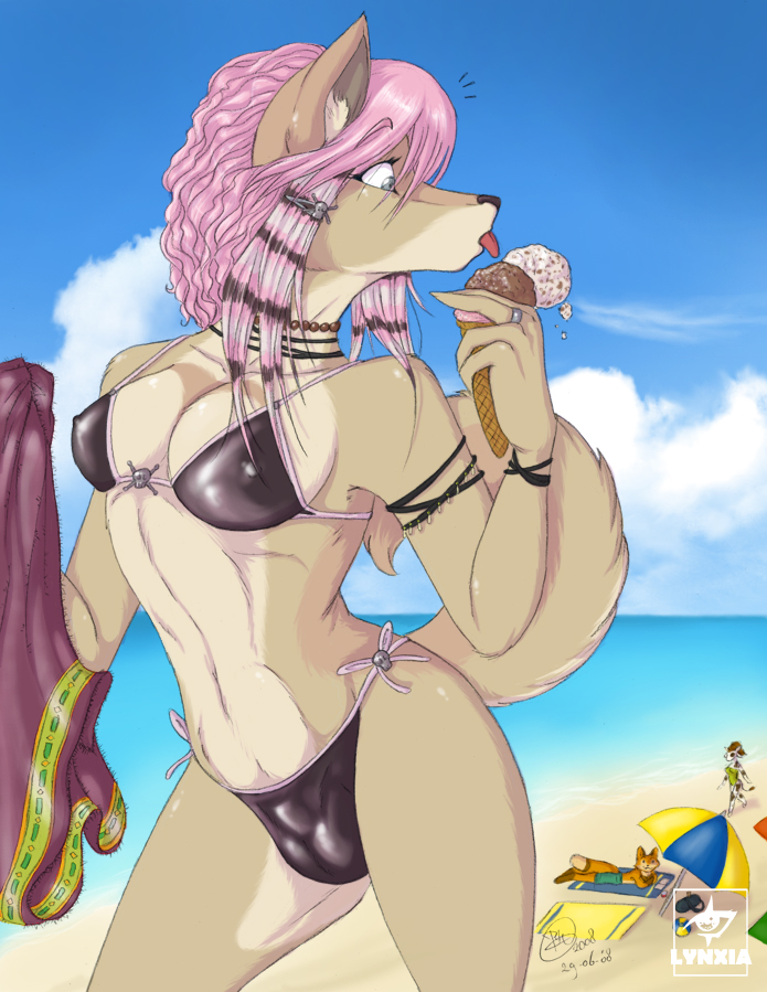 1boy 2008 2girls anthro beach bikini breasts brown bulge canine choker clothes color day female fur furry grey_eyes hair ice_cream intersex lynxia mindy_(lynxia) oops outdoors pink pink_hair sand seaside side-tie_bikini side-tie_panties skimpy skin_tight solo summer tail text tight_clothes tongue tongue_out water