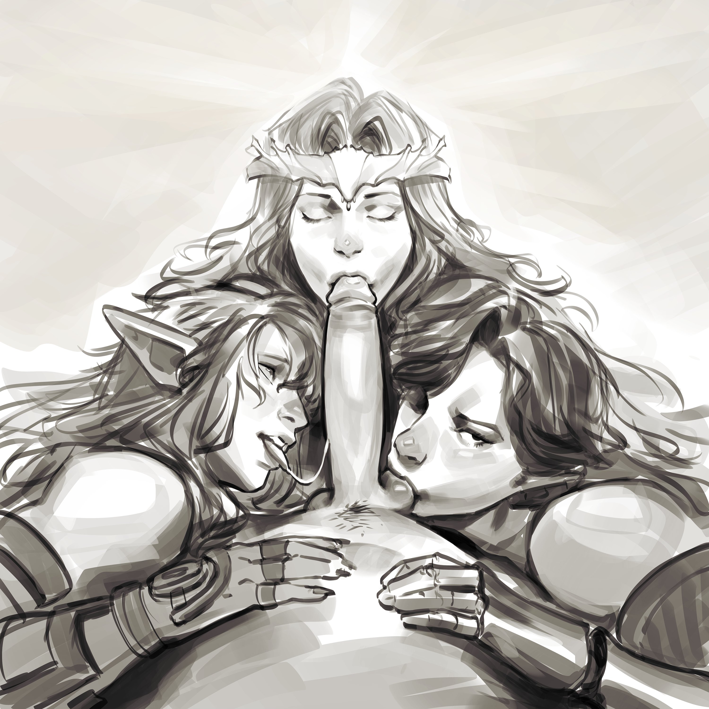 4boys, collaborative fellatio, elden ring, fellatio, femboy, fromsoftware, gay, greyscale, lies of p, link, looking at viewer, male, male only, male pov, miquella, monochrome, nintendo, oral, pinocchio (lies of p), pointy ears, pov, seannover arts, sketch, the legend of zelda, xianover, yaoi