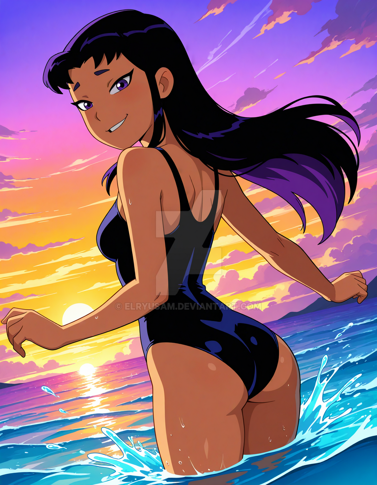2025, ai generated, ass to viewer, beach background, black dot eyes, blackfire, butt to viewer, buttocks, cartoon network, deviantart, elryusam, female, female only, grinning at viewer, long hair female, looking at viewer, open mouth smile, purple eyebrows, purple eyes female, purple hair female, purple swimsuit, sea background, smile at viewer, smiling at viewer, solo, splashing water, sunset background, teen titans, teeth showing, teeth visible, warner bros. animation, wet ass, wet body, wet butt, wet legs