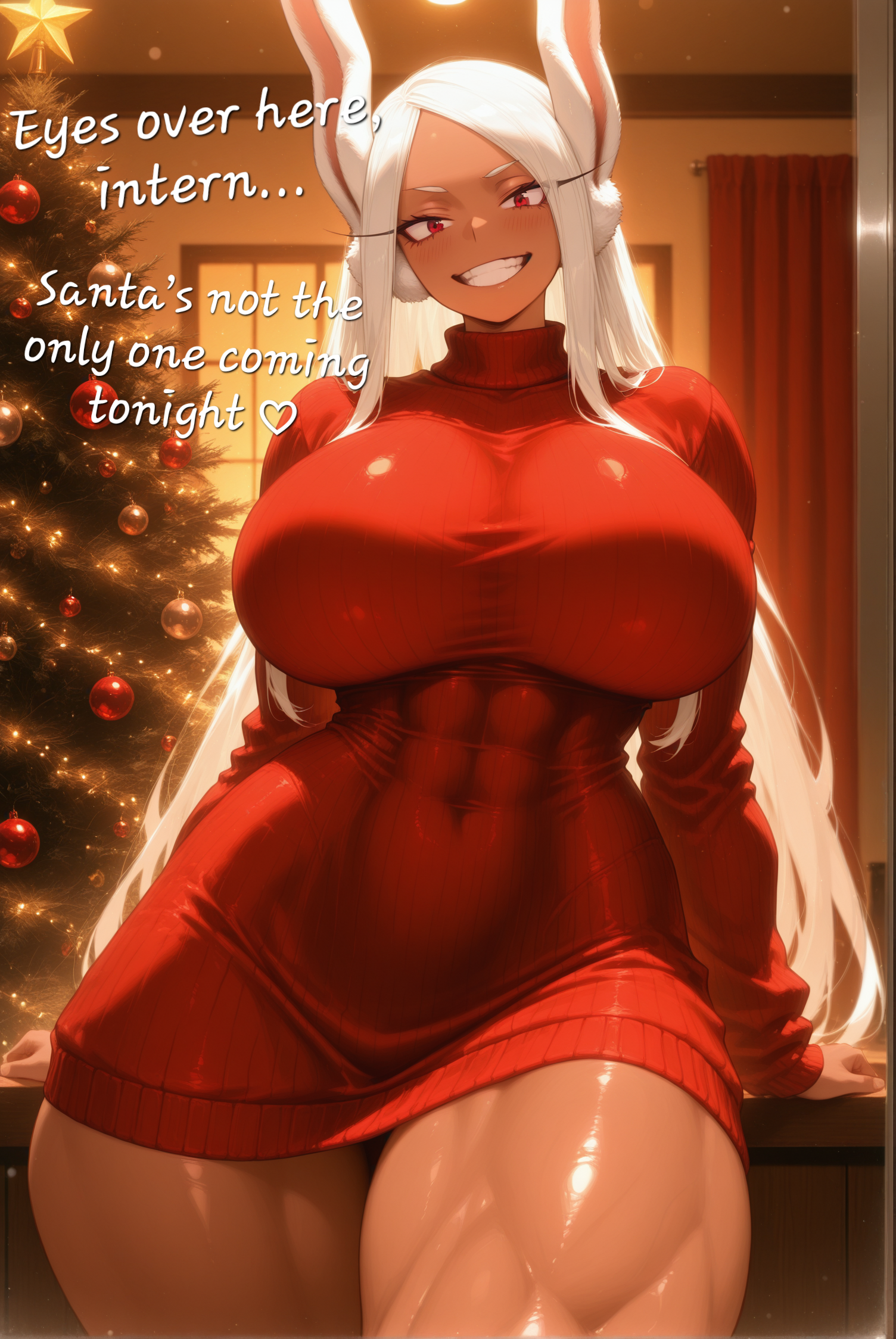 ai assisted, ai generated, big breasts, bunny ears, bunny girl, christmas, christmas lights, christmas outfit, christmas sweater, christmas tree, emberdesire, high quality, high resolution, highres, inviting, leaning back, mirko, miruko, muscle mommy, muscles, muscular, muscular female, muscular thighs, my hero academia, no pants, red eyes, red sweater, revealing clothes, rumi usagiyama, snowing, sweater, text, thick, voluptuous, voluptuous female, white hair