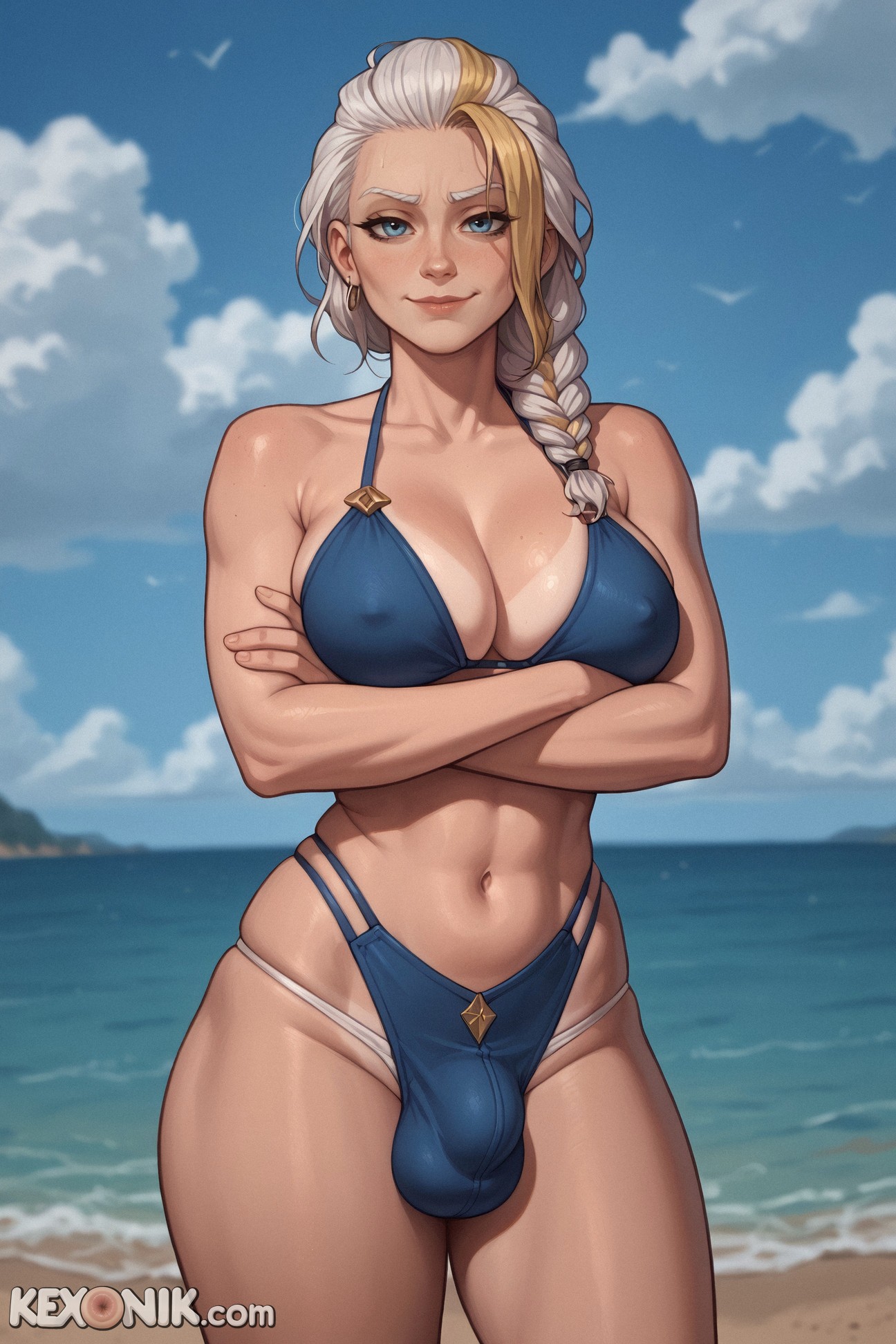 1futa, 1futanari, ai generated, ass focus, bikini, blizzard entertainment, blonde hair, blue eyes, braid, braided hair, bulge, close-up, clothed, covered breasts, covered nipples, crossed arms, dickgirl, feet, futanari, hourglass figure, huge ass, jaina proudmoore, kexonik, large breasts, looking at viewer, narrow waist, narrowed eyes, petite, petite body, revealing clothes, sagging breasts, scrotum, silver hair, single braid, skindentation, skinny, slim, smug, solo, thick thighs, toes, two tone hair, two-tone hair, warcraft, white hair, wide hips, world of warcraft, yellow hair