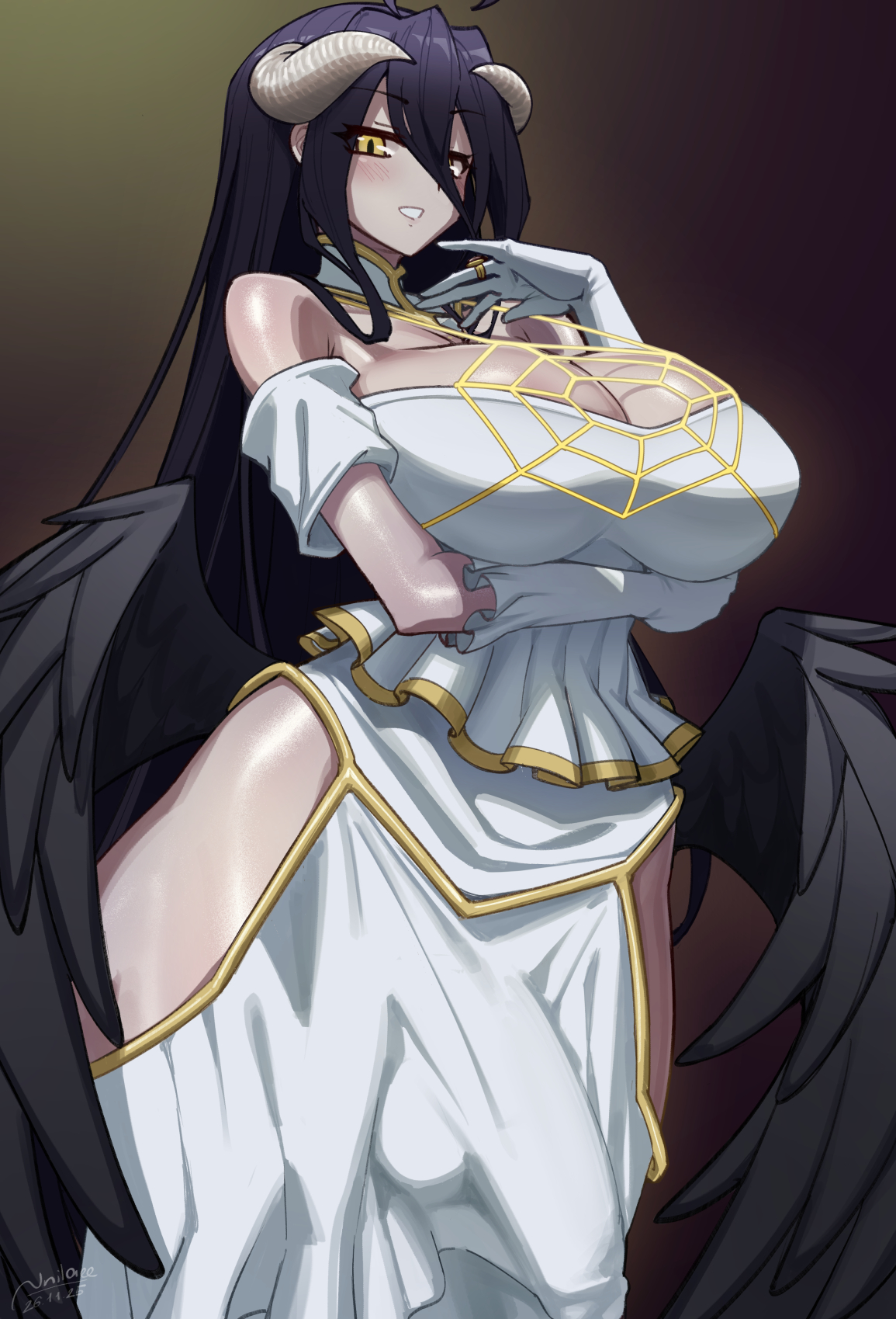 1futa, 2025, 2d, 2d (artwork), 2d artwork, albedo (overlord), artist name, balls, ballsack, bare shoulders, big breasts, black hair, blush, blush lines, cock, collarbone, cowboy shot, curvaceous, curvaceous figure, curves, curvy, curvy body, curvy figure, curvy hips, demon, demon girl, demon humanoid, demoness, dick, futa only, futanari, hi res, highres, horn, horns, hourglass figure, huge breasts, humanoid, large breasts, light skin, light-skinned futa, long hair, looking at viewer, midriff, nnilaee, overlord (maruyama), pale skin, pale-skinned futa, penis, slim, slim waist, smile, smiling, smiling at viewer, solo, solo futa, straight hair, succubus, succubus horns, testicles, thick, thick hips, thick legs, thick thighs, thighs, voluptuous, voluptuous futa, waist, watermark, wide hips, wings, yellow eyes