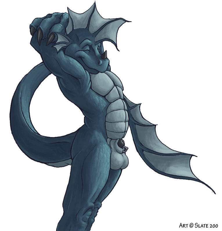 1boy balls claws dragon horns male male_only nude piercing scalie sheath slate_(artist) solo wings