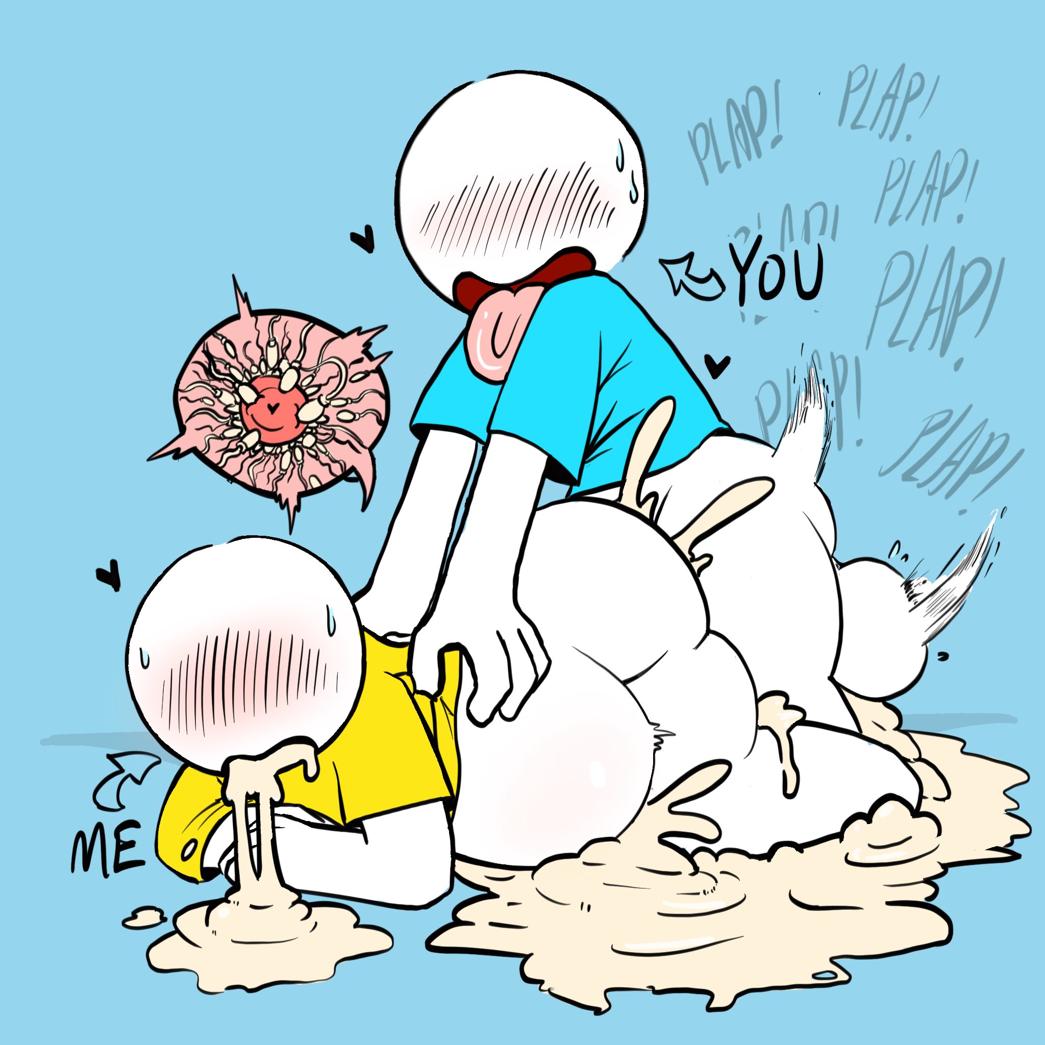 2boys, anal, anthro, ball, balls, bara, big penis, blue background, blue clothing, blush, blushing, cum, cum everywhere, cum in ass, cum in body, cum in mouth, cum pool, cum puddle, cumflated, cumflated belly, cumflation, cumming from anal sex, cumming together, cumming while penetrating, digital media (artwork), erect penis, erection, f d e i a, gay, gay anal, gay sex, heart symbol, huge cock, humanoid, hyper penis, male, male focus, male only, male penetrating, male penetrating male, male/male, no eyes, oeeo, original character, original characters, penis, plap, pregnant, pregnant belly, pregnant male, semen, stick figure, stickman, sweat, sweating, tagme, text, tongue, tongue out, veins, veiny penis, white body, white penis, white skin, yellow clothing