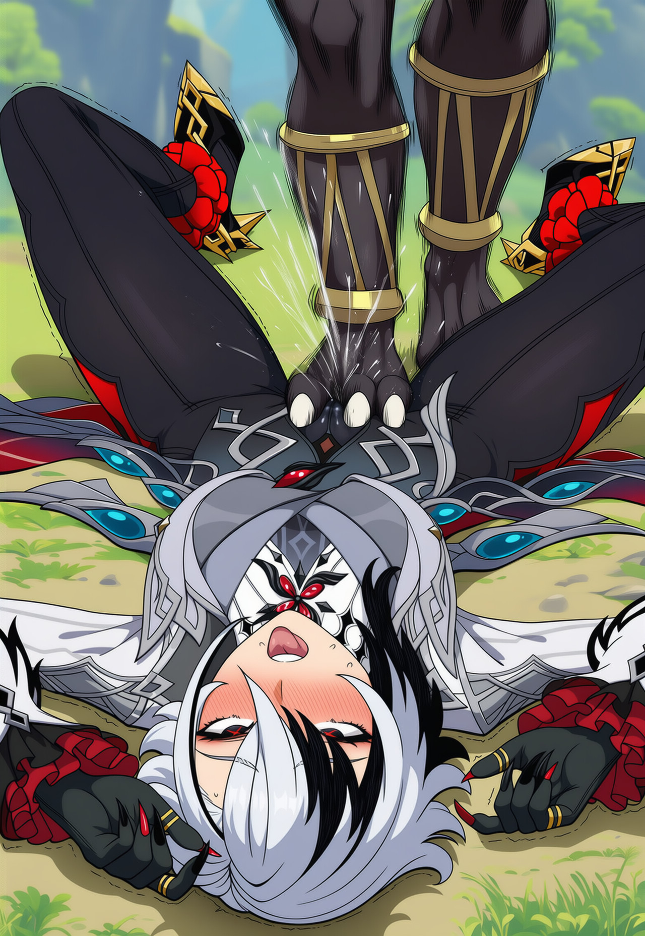ai generated, anthro, arlecchino (genshin impact), blush, blushing, blushing female, breasts, dark-skinned male, defeated, defeated female, denki anma, duo, female, genshin impact, high heels, hilichurls (species), hoyoverse, humiliated, humiliating, leaking pussy juice, lying on ground, male, mature female, mature woman, mihoyo, monster, monster on female, squirt, squirting, squirting in bottomwear, squirting through clothes, starts to like it, stepped on, stepping on female, stepping on pussy, tongue out, two tone hair