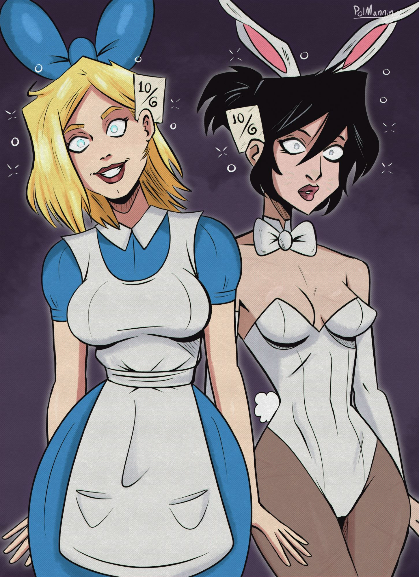 2girls, alice (disney), alice in wonderland, alice in wonderland (1951 film), alice liddell, alternate version available, apron, artist name, asian, asian female, batgirl, batgirl (cassandra cain), batgirl (stephanie brown), batman (series), black hair, blonde hair, blue eyes, bow, bow in hair, bowtie, bowtie collar, breasts, bunny ears, bunny girl, bunny tail, bunnysuit, cassandra cain, cleavage, corruption, cosplay, costume, dc, dc comics, dress, female, female only, femsub, forced smile, grey eyes, happy trance, hero, heroine, heroine in trouble, hips, hourglass figure, hypnosis, mind control, navel, navel visible through clothes, polmanning, simple background, stephanie brown, stockings, thick thighs, thighs, wide hips