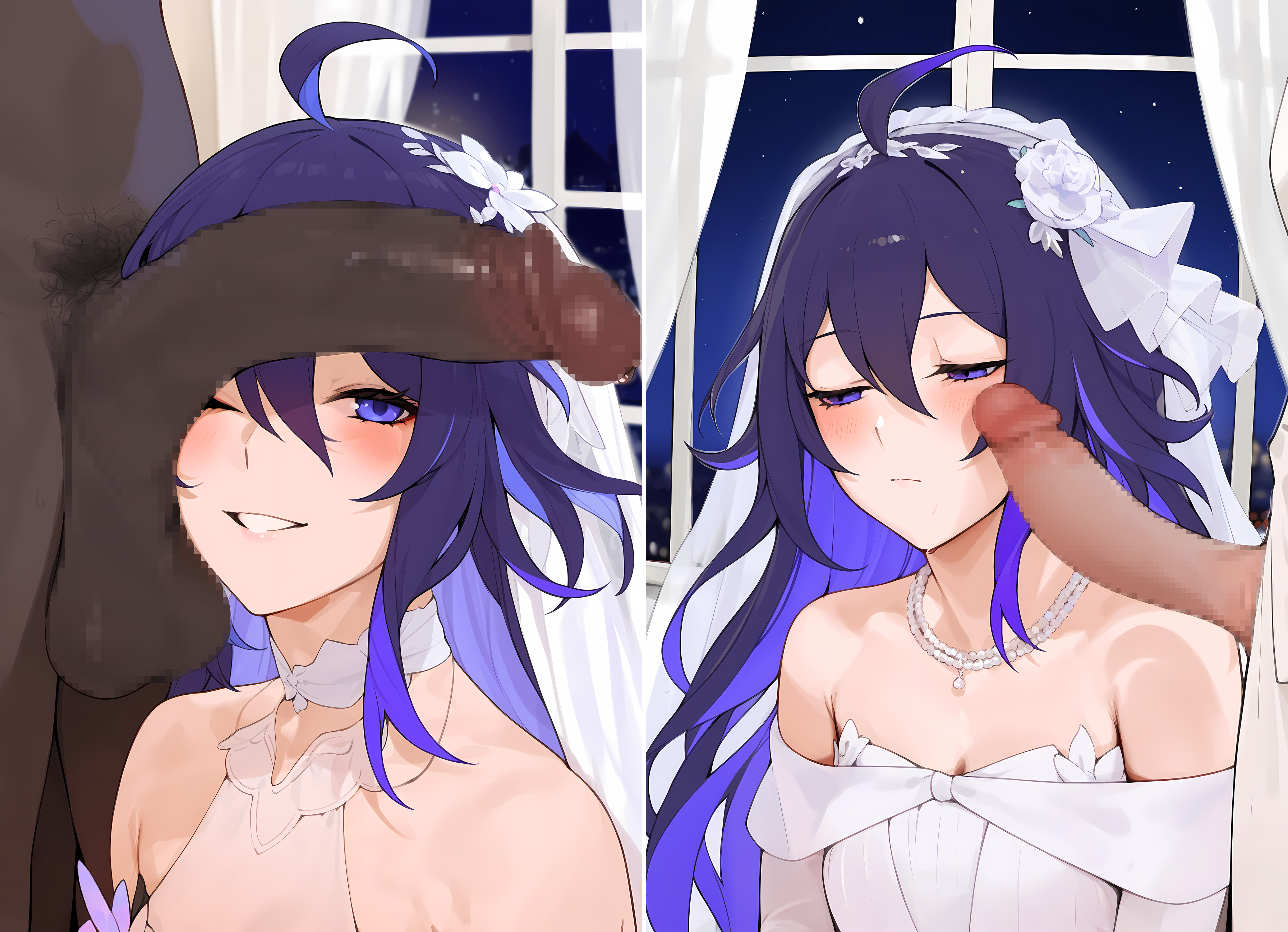 1girls, 2boys, ai generated, big balls, big penis, big penis adoration, cheating, cheating female, cheating on wedding day, cheating wife, cock worship, cuck, cuckold, dark penis, dark-skinned male, dissappointed look, honkai: star rail, huge balls, huge cock, humiliation, interracial, large balls, large penis, light-skinned female, light-skinned male, massive penis, mosaic censoring, necklace, netorare, ntr, penis on face, penis size comparison, penis size difference, purple eyes, purple hair, raceplay, seele (honkai: star rail), size comparison, size difference, size play, size queen, small penis humiliation, smile, smiling, sph, wedding dress, wife