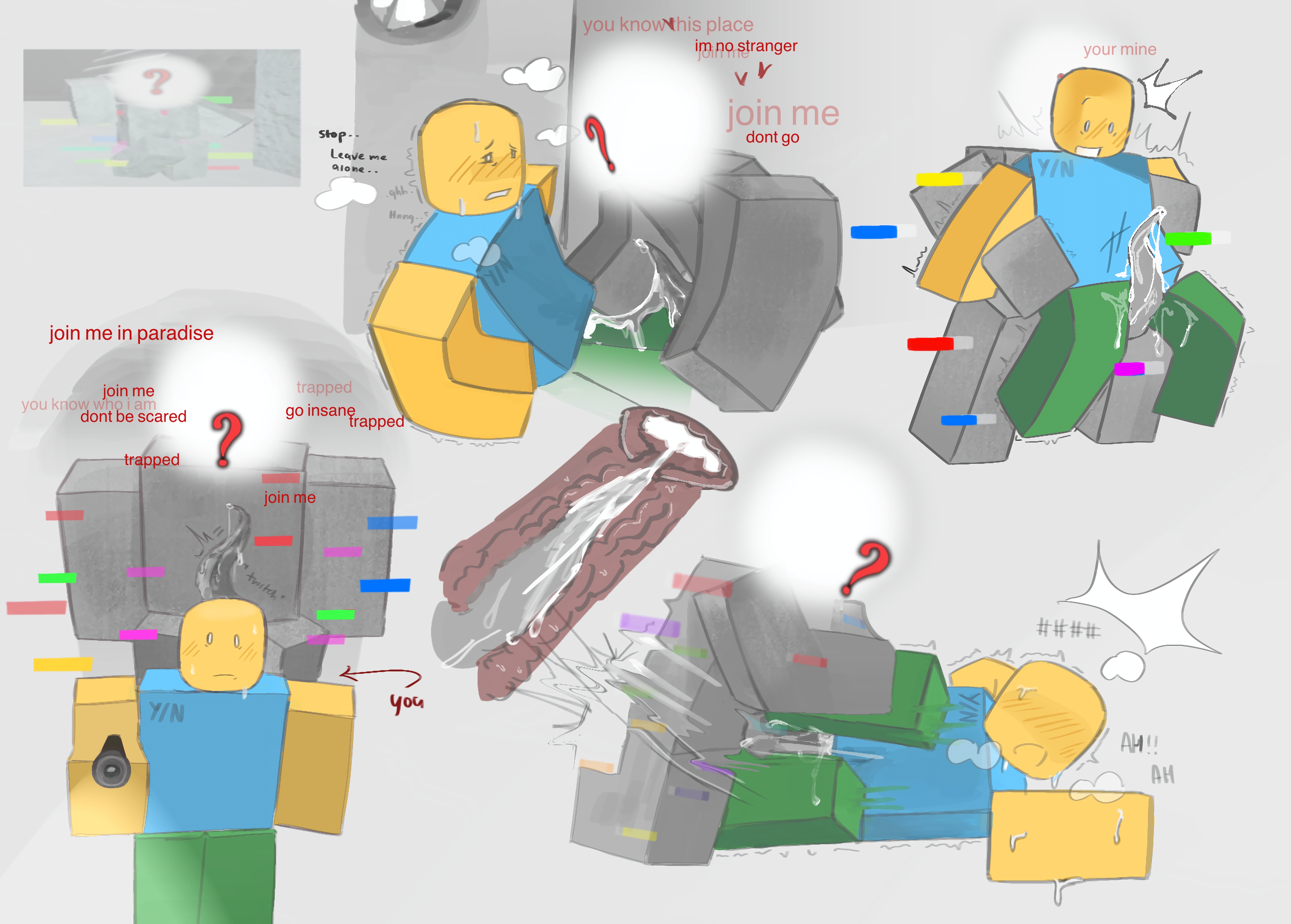 a broken dream, anal, anal sex, artist request, balls between thighs, balls deep, balls slapping ass, belly bulge, blocky anatomy, blocky arms, blocky body, blush, breathing heavily, breathing noises, breeding, circle head, concrete body, cross section, cum, cum inside, dialogue, different poses, doggy style, dominated, dream, english text, entity, filled belly, filling, genderless, glitch effect, grey body, groping, heart, hearts around head, inside view, intense orgasm, intercourse, intersex, moaning, noob, noob (roblox), orgasm, orgasm from anal, original art, panting, penetration, player, pulling out, question mark, question mark eyes, red text, reference image, roblox, roblox avatar, roblox game, robloxian, rubbing, sex, sitting on lap, slapping balls, spreading, subconcious dread, sweating, tentacle, tentacle genitalia, tentacle in ass, tentacle penetration, tentacle penis, tentacle sex, text, textured skin, trembling, unusual genitalia, y/n, yellow body, your character here, your name