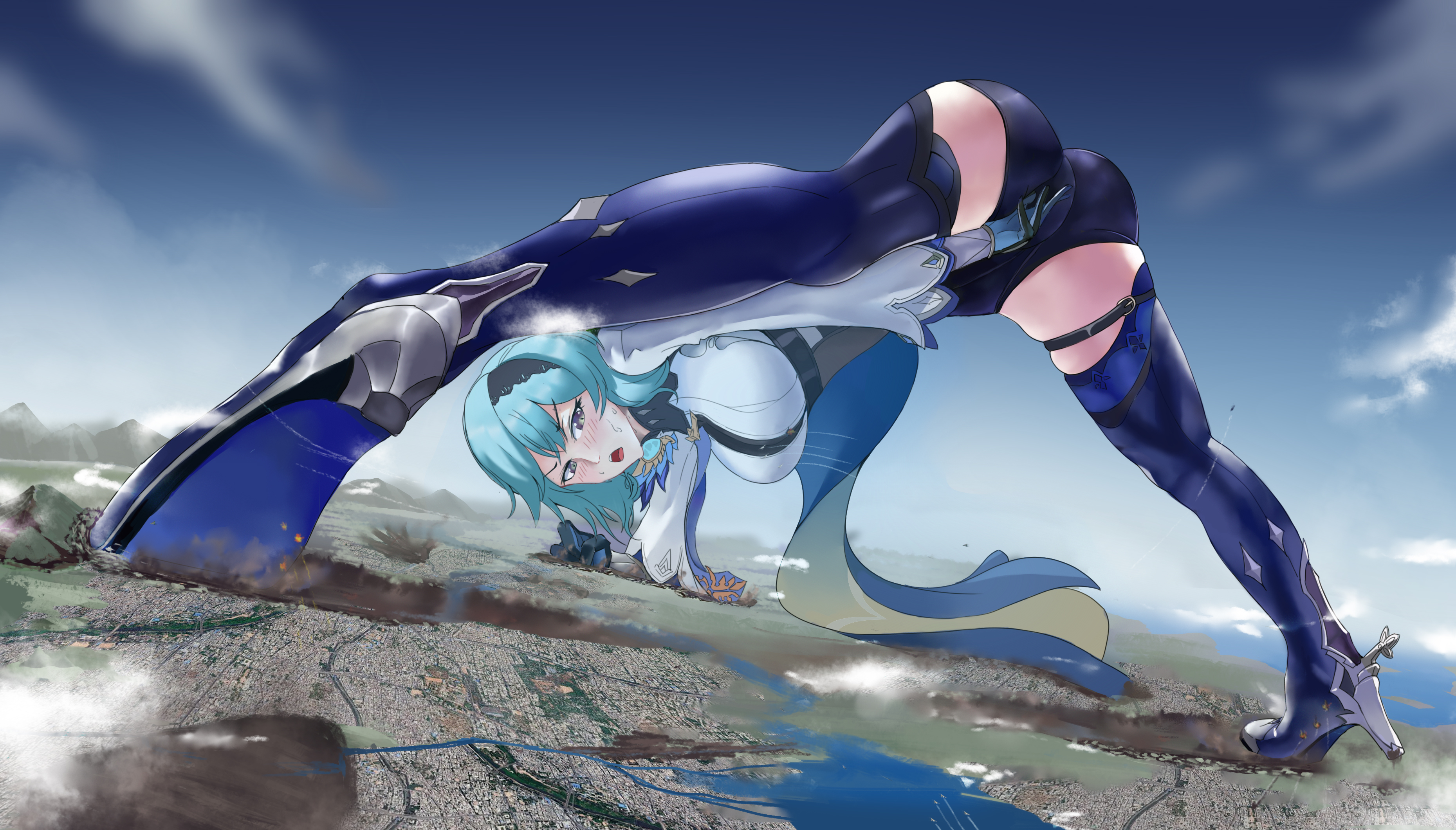 1girls, ass, ass up, blush, city, destruction, eula (genshin impact), female, genshin impact, giantess, high heel boots, high heels, legs, solo female