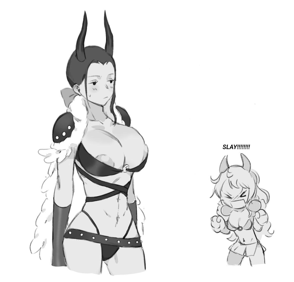 2girls, about to burst, areola slip, barely contained, barely contained breasts, barely fits, beast pirates (cosplay), big breasts, black hair, breasts, breasts too big, bursting breasts, clothing, female, female only, horns, imminent wardrobe malfunction, inconvenient boobs, inconvenient breasts, large breasts, lushhhh, nami (one piece), nico robin, one piece, post-timeskip, sketch, skimpy, sweatdrop, text, tight fit, too tight, undersized clothes, undersized clothing, wano country