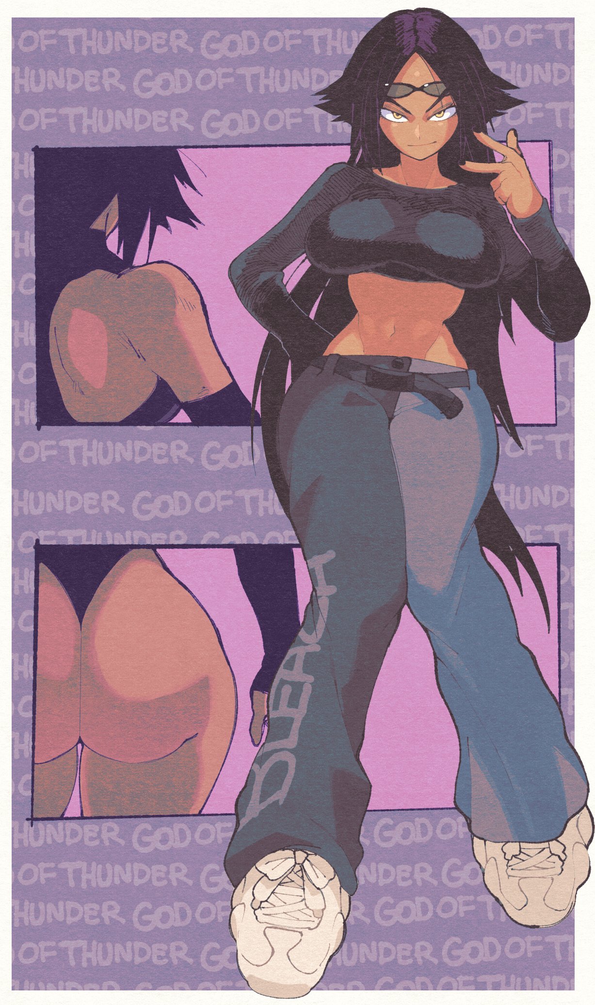 1girls, ass, bleach, breasts, curvy female, dark skin, dark-skinned female, female, huge ass, huge breasts, inkerton-kun, inkuusan, large breasts, leotard, purple background, shihouin yoruichi, solo, text, thick thighs, wide hips