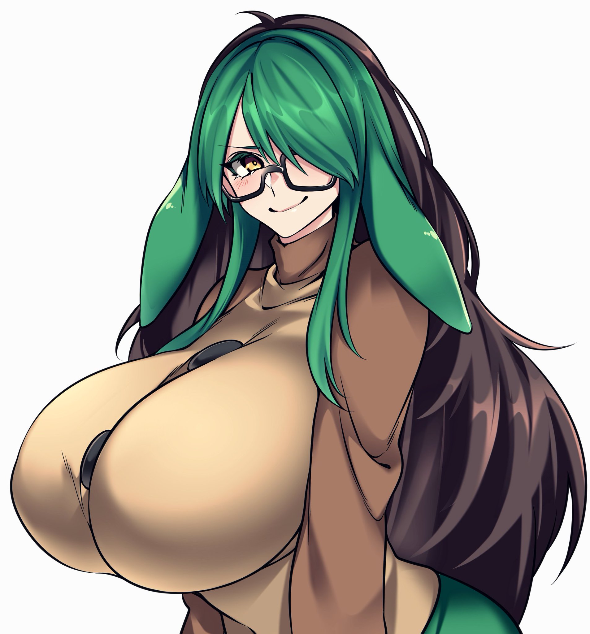 1girls, big breasts, blush, booty shorts, breast bigger than head, breasts, buttons, camui kamui (hz 666v), cute, dark hair, enormous breasts, female, female only, fit, fit female, glasses, green hair, hair over one eye, hourglass figure, huge breasts, large breasts, lewd, light skin, light-skinned female, long hair, massive breasts, nerd, one eye obstructed, original, pale skin, pale-skinned female, round breasts, seductive, seductive eyes, seductive look, seductive smile, smile, solo, thick, thick thighs, tight clothes, tight clothing, tight fit, tight shirt, top heavy, voluptuous, voluptuous female, yellow eye