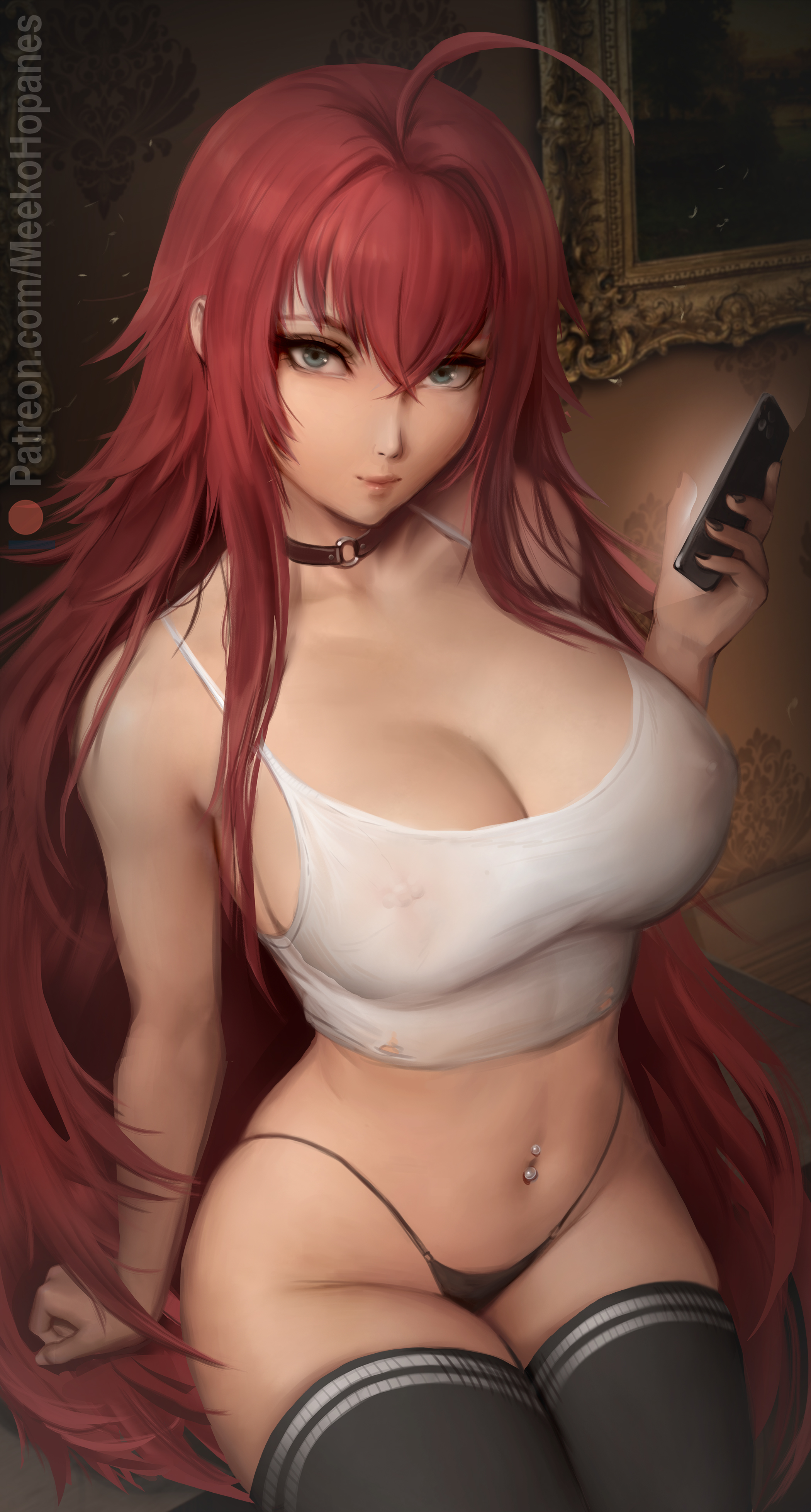 black socks, breasts, choker, cleavage, female, female only, high school dxd, huge breasts, looking at viewer, meekohopanes, nipple bulge, rias gremory, see-through, slim waist, socks, solo, tank top, thick thighs, thigh socks, thighhighs