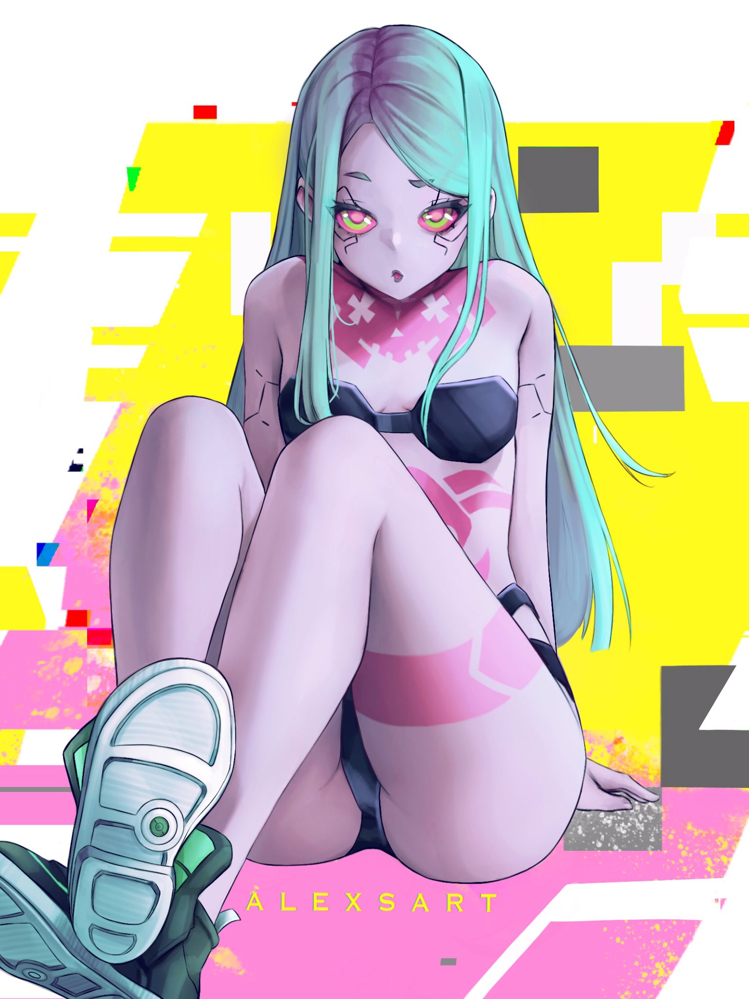 1girls, alexsart, breasts, casual, cd projekt red, cyberpunk 2077, cyberpunk: edgerunners, female, female only, green hair, looking at viewer, netflix, panties, rebecca (edgerunners), shoes, small breasts, solo, studio trigger, teal hair, thick thighs, thighs, underwear