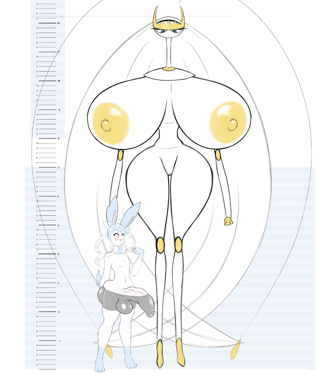 angelthecatgirl anthro areola balls balls_outline big_balls big_breasts big_penis blue_hair blush bottomwear breasts bulge chart clothed clothing duo eeveelution erection erection_under_clothing featureless_crotch female generation_6_pokemon generation_7_pokemon genital_outline genitals gloves_(marking) green_eyes hair height_chart hi_res huge_breasts huge_cock larger_female leg_markings male markings nintendo nipples nude penis pheromosa pixil pokemon pokemon_(species) purple_eyes shiny_pokemon shorts size_difference smaller_male socks_(marking) sylveon thick_thighs thigh_gap ultra_beast video_games white_body wide_hips yellow_areola yellow_nipples