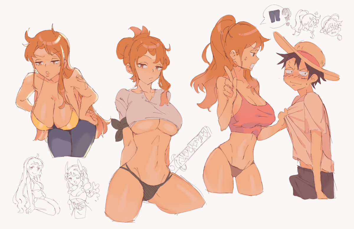 1boy, 1girls, abs, angry, arm tattoo, athletic female, big breasts, black hair, black-haired male, blue tattoo, breasts, bulge, cleavage, clothing, female, fit female, large breasts, long hair, lushhhh, male, monkey d luffy, nami (one piece), one piece, orange hair, orange-haired female, panties, post-timeskip, speech bubble, tattoo, voluptuous, voluptuous female