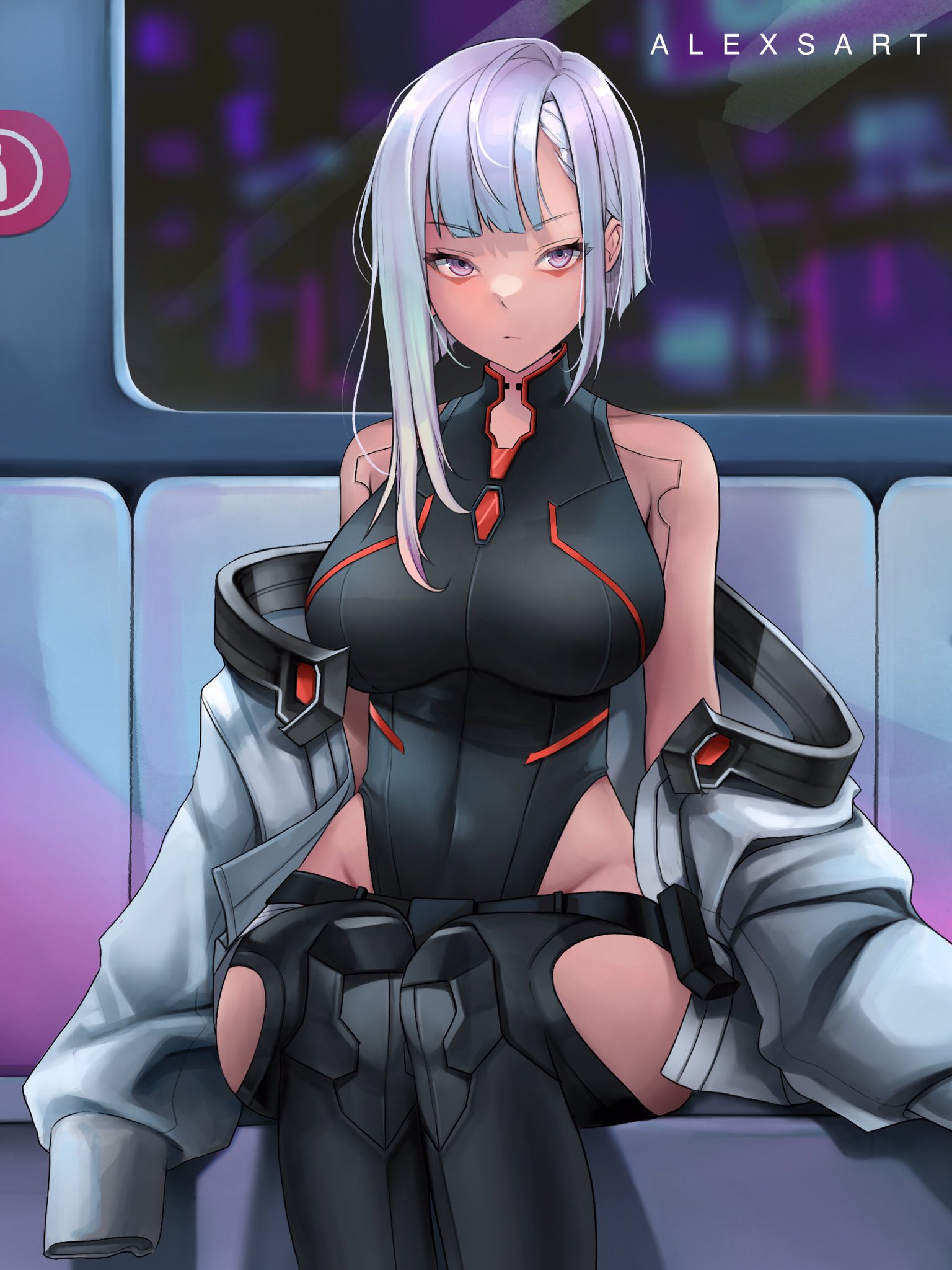 1girls, alexsart, big breasts, breasts, casual, cd projekt red, cyberpunk 2077, cyberpunk: edgerunners, female, female only, jacket, jacket removed, light skin, light-skinned female, lucyna kushinada, netflix, public transportation, studio trigger, thick thighs, train, train interior