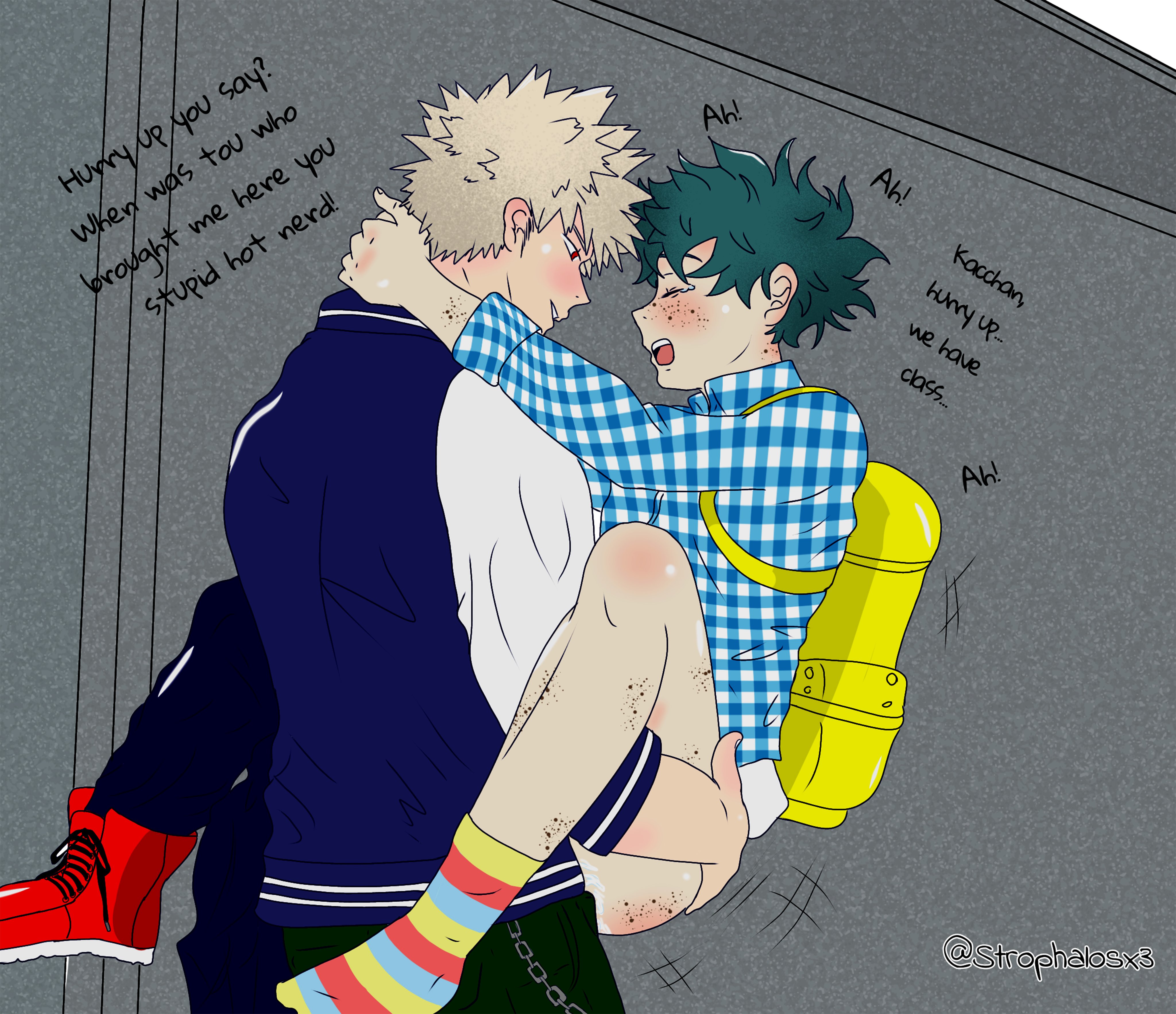 2boys, clothed sex, dialogue, english text, freckles, gay, gay sex, izuku midoriya, jock, katsuki bakugou, light skin, light-skinned male, male, male only, male/male, misspelling, my hero academia, nerd, sex, stand and carry position, standing sex, strophalosx3, text, yaoi