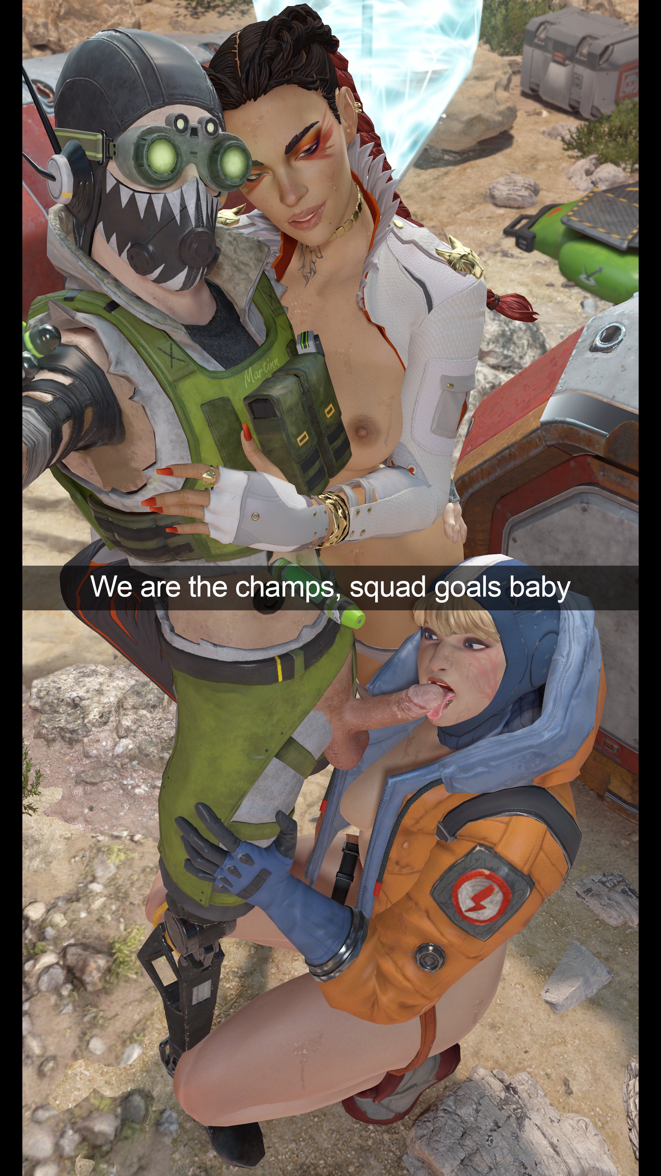 1boy, 2girls, apex legends, caption, female, hi res, lichtenberg figure, licking, licking penis, loba (apex legends), male, nude, nude female, octane (apex legends), oral, oral sex, penis, scar, selfie, sfm martin, squatting, tagme, threesome, wattson (apex legends)