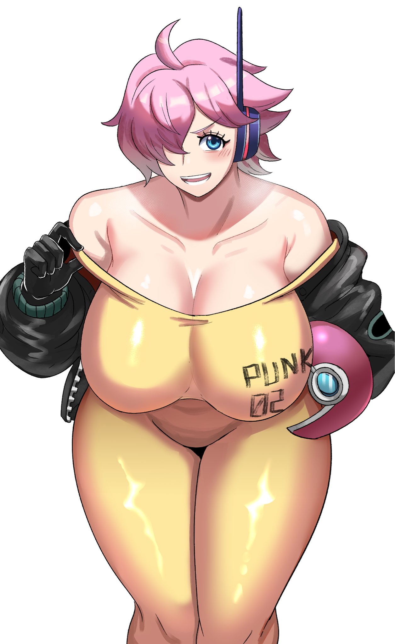 1girls, big breasts, blue eyes, blush, bodysuit, breasts, eye contact, female, female only, hair over one eye, headphones, huge breasts, light skin, light-skinned female, looking at viewer, one piece, pink hair, shiny clothes, short hair, skin tight, skindentation, solo, thick thighs, thighs, vegapunk lilith, white background, ytrall