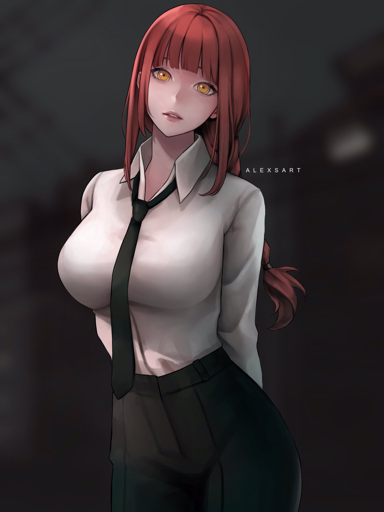 1girls, alexsart, big breasts, breasts, casual, chainsaw man, clothing, female, female only, light skin, light-skinned female, makima (chainsaw man), red hair, school uniform, tie
