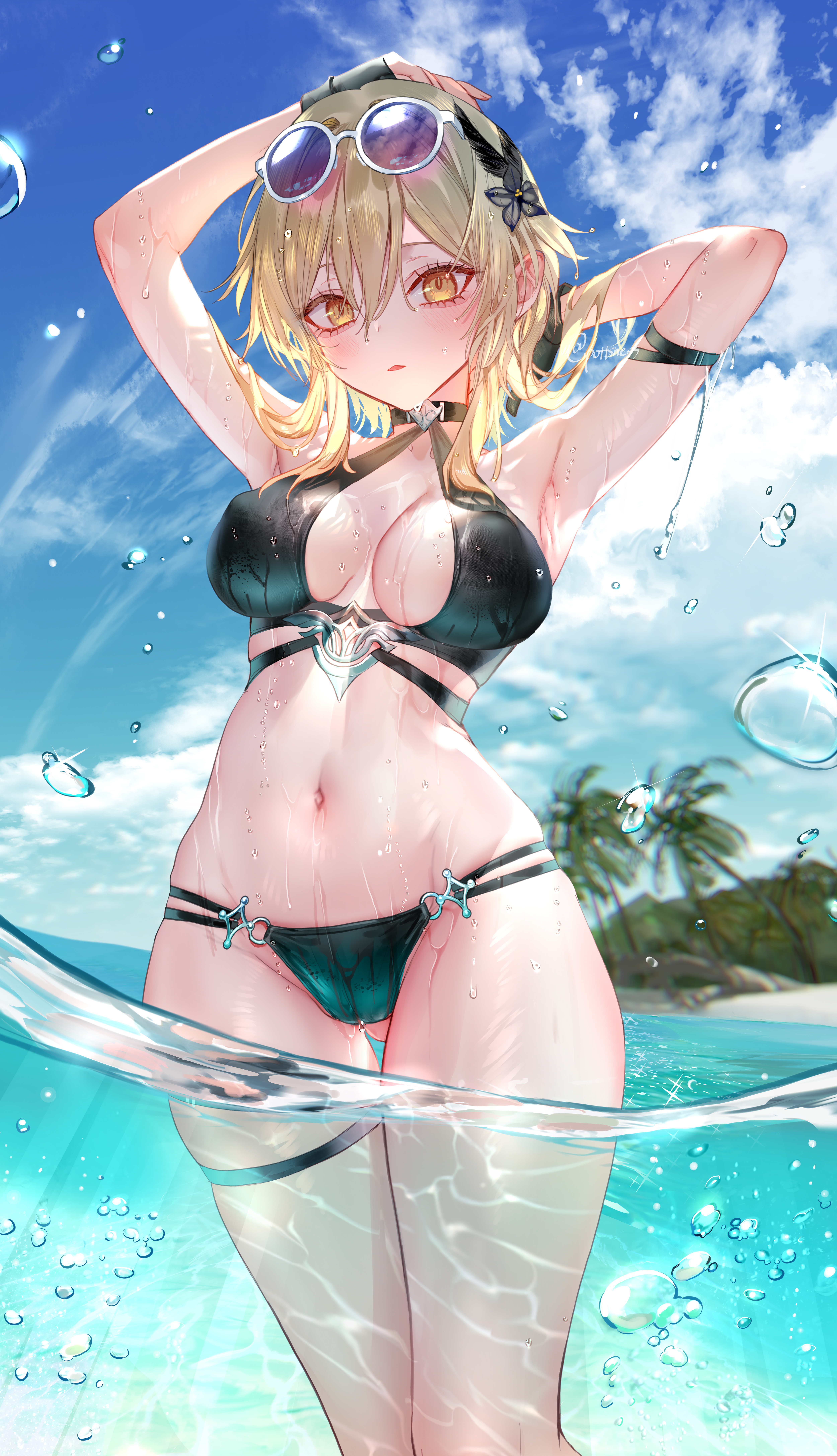 1girls, 2d, armpits, arms up, beach, bikini, blonde hair, breasts, cameltoe, cleavage, eyewear on head, female, female only, genshin impact, hair ornament, highres, huge breasts, light skin, light-skinned female, looking at viewer, lumine (genshin impact), navel, pale skin, pale-skinned female, pottsness, pussy, short hair, solo, standing, sunglasses, sunglasses on head, swimsuit, thigh gap, thighs, wet, yellow eyes