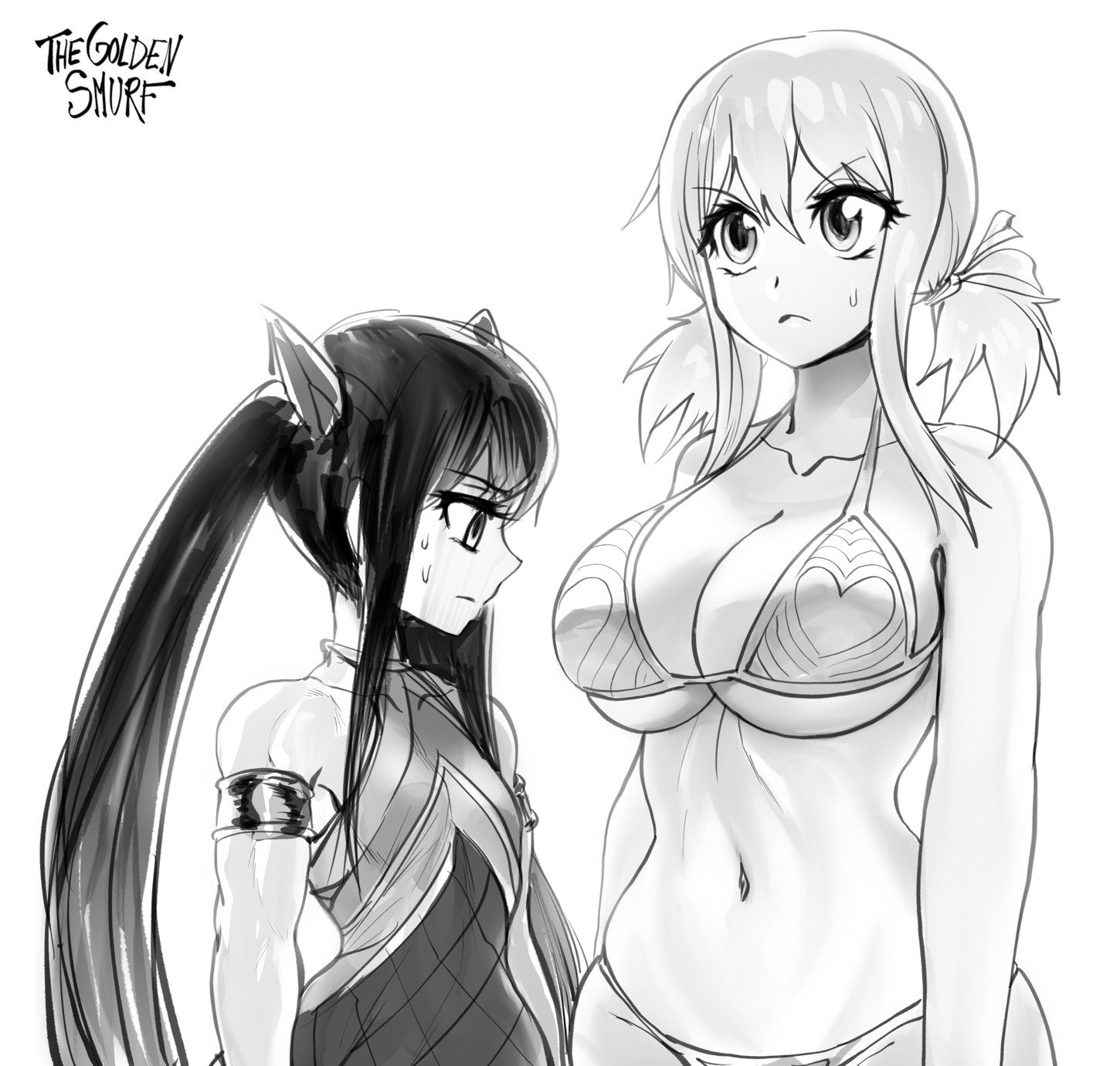 2022, alternate breast size, bikini, black and white, breast envy, breasts, fairy tail, female, large breasts, lucy heartfilia, monochrome, muscular, muscular female, oblivious, small breasts, sweatdrop, thegoldensmurf, thin waist, wendy marvell