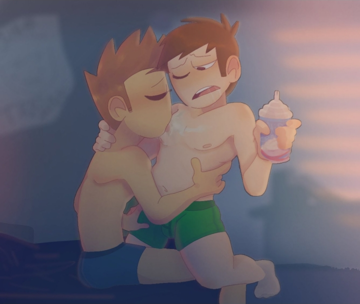 2021 2boys background blue_shorts breasts brown_hair closed_eye edd_(eddsworld) eddsworld excited feet gay green_shorts licking licking_breast room shawndoodlez tom_(eddsworld) whipped_cream