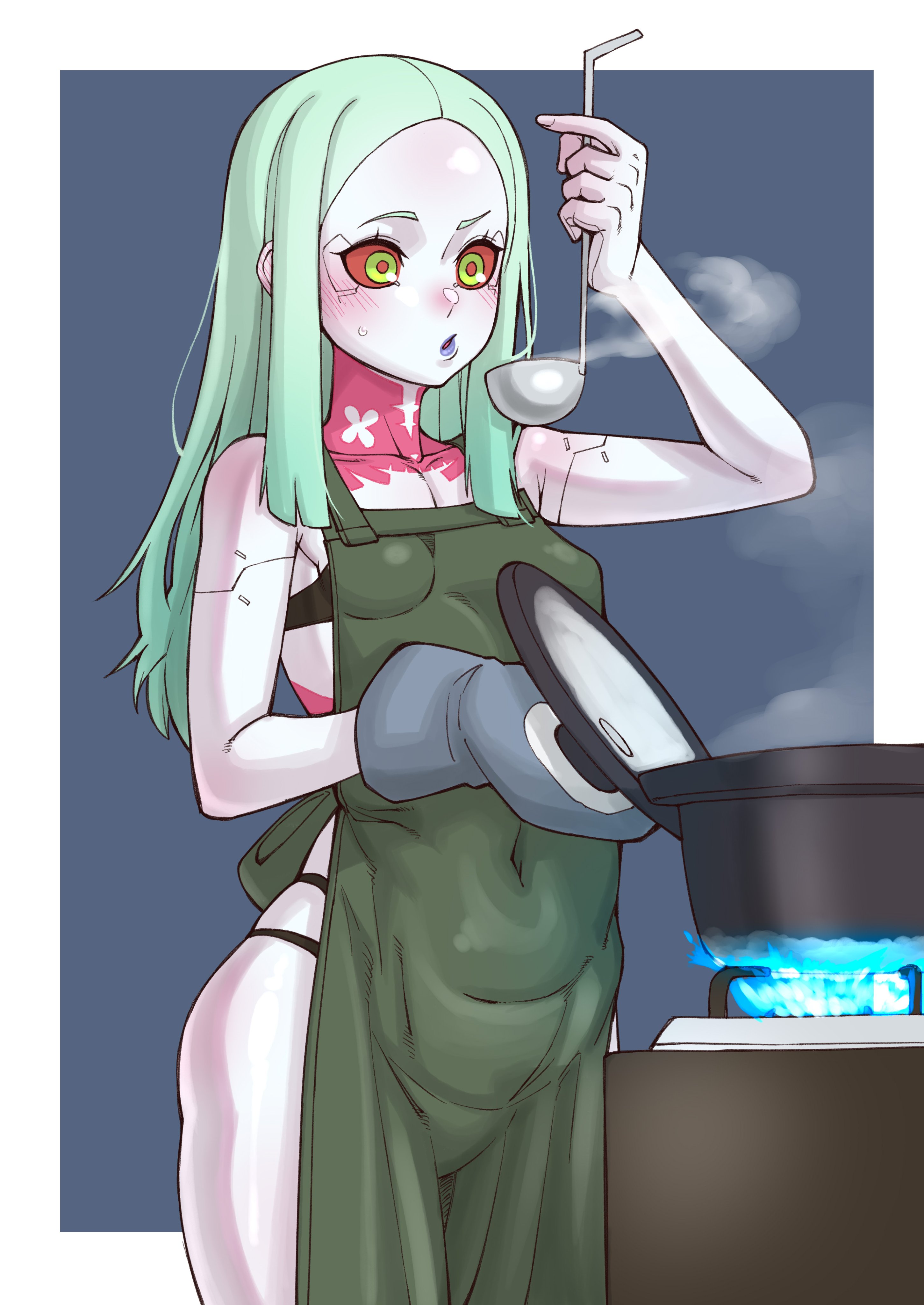 1girls, 2022, apron, blush, clothing, cooking, cyberpunk 2077, cyberpunk: edgerunners, digital media (artwork), ebonyxh, female, food, green eyes, green hair, housewife, human, light skin, light-skinned female, naked apron, nearly naked apron, nonsexual, outerwear, pale skin, pale-skinned female, petite, rebecca (edgerunners), skinny, solo, tattoo, tattoos, wholesome
