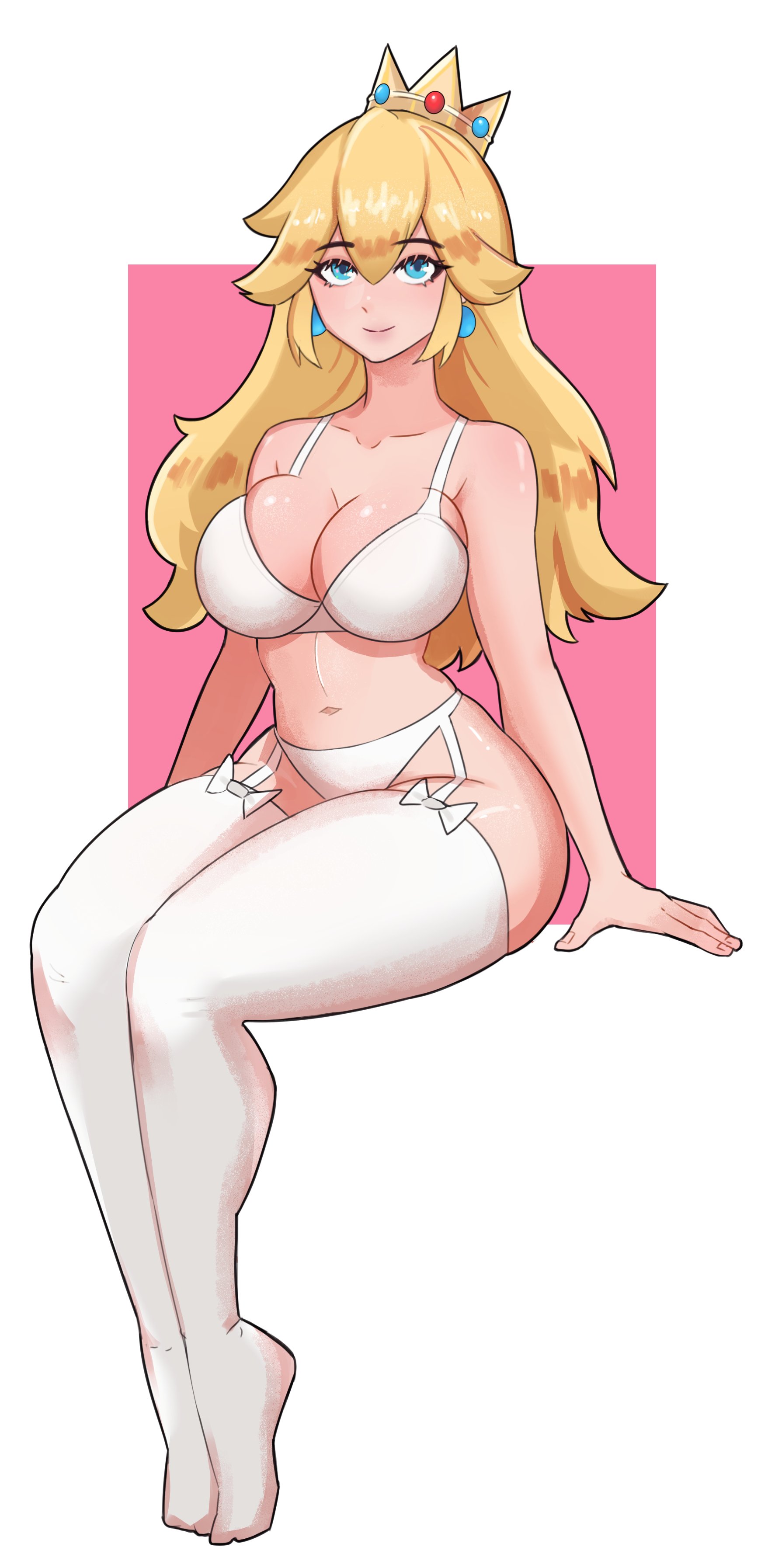 1girls, arthydraws, big breasts, blonde, blonde female, blonde hair, breasts, female, female only, light skin, light-skinned female, lingerie, looking at viewer, mario (series), nintendo, princess peach, solo, thick thighs, underwear
