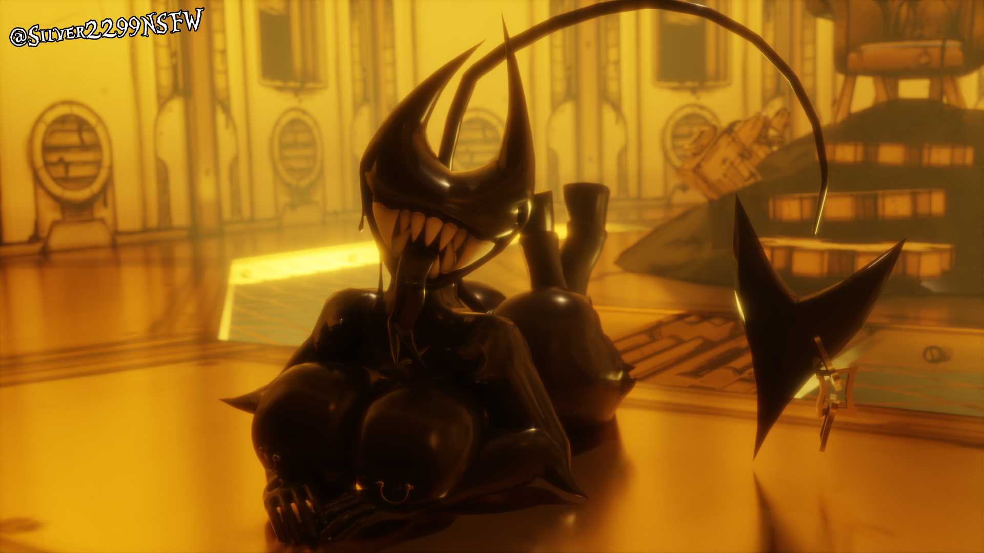1girls, beast bendy (cryptiacurves), beast darling (cally3d), bendy, bendy and the ink machine, bendy fem, breasts, female, hi res, hooves, laying, laying down, no eyes, sharp teeth, silver2299, solo, tagme, tail, teeth, tongue, tongue out