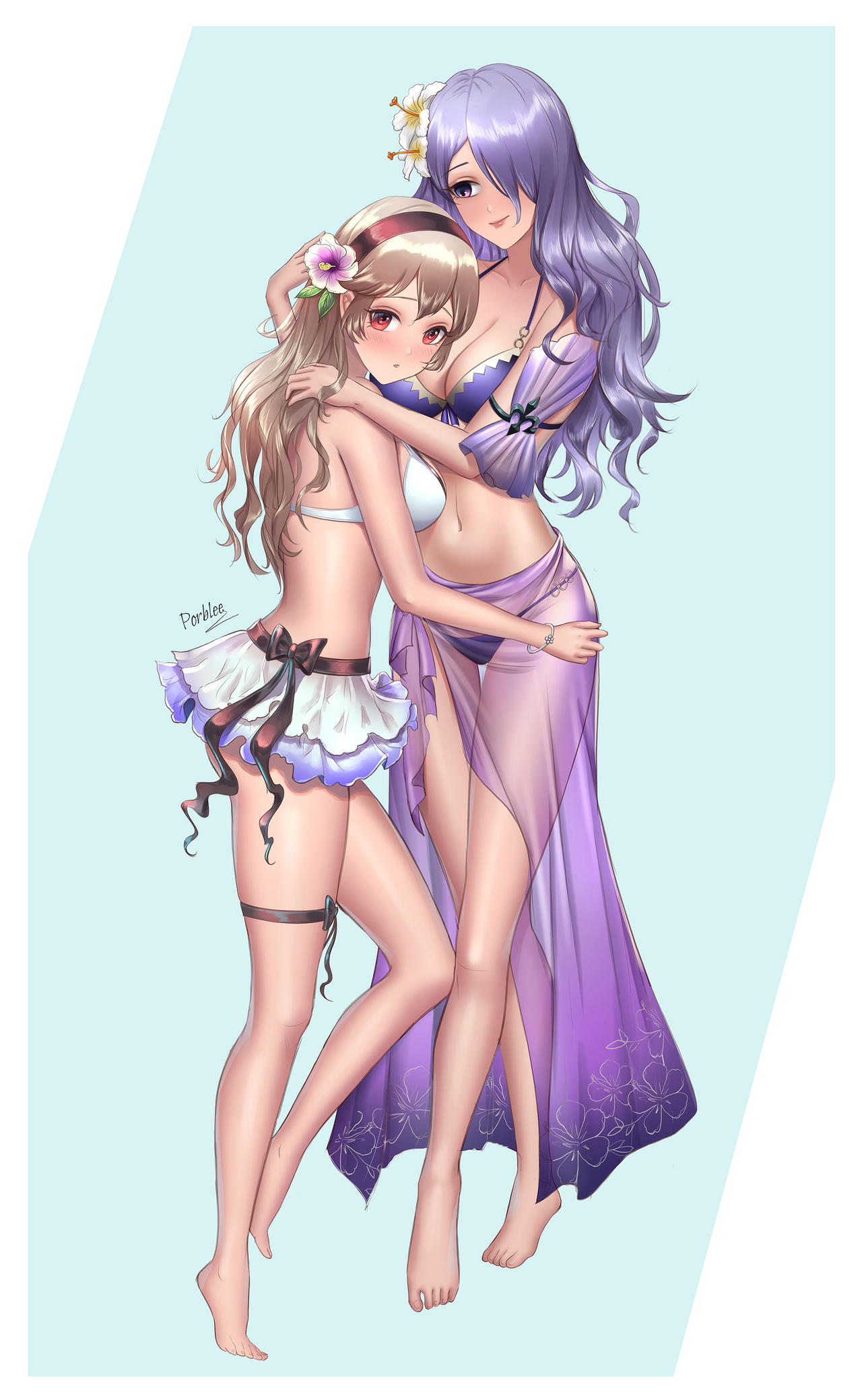 2girls bikini bikini_skirt blonde_hair breasts camilla_(fire_emblem) camilla_(summer)_(fire_emblem) cleavage corrin_(fire_emblem) corrin_(fire_emblem)_(female) corrin_(summer)_(fire_emblem)_(female) female female_only fire_emblem fire_emblem_fates fire_emblem_heroes flower flower_head_band hair_flower hair_over_one_eye hairband hugging large_breasts long_hair medium_breasts midriff milf multiple_girls navel nintendo official_alternate_costume porblee purple_bikini purple_eyes purple_hair purple_sarong purple_swimsuit red_eyes sarong siblings sisters source_larger swimsuit swimsuit_skirt thigh_strap white_bikini white_swimsuit