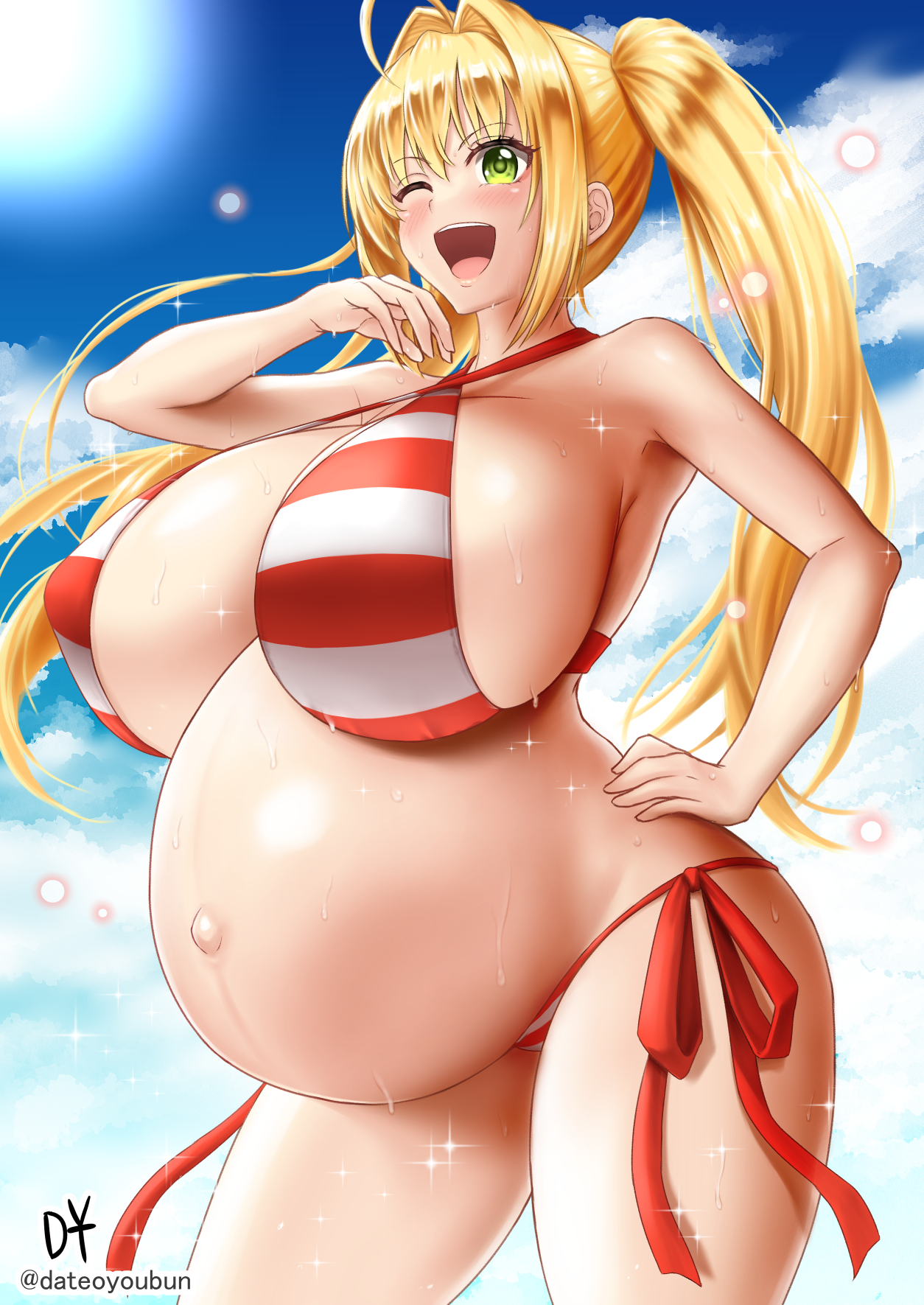 ahoge, big breasts, bikini, blonde hair, blush, breasts, dateoyoubun, enormous breasts, fate (series), fate/extra, fate/grand order, female, female only, green eyes, hair intakes, hand on hip, huge breasts, linea nigra, long hair, nero claudius (fate), nero claudius (swimsuit caster), nipple bulge, open mouth, pregnant, side-tie bikini, sideboob, smile, solo, striped bikini, sweat, swimsuit, thick thighs, twintails, type-moon, wet, wet skin, wink