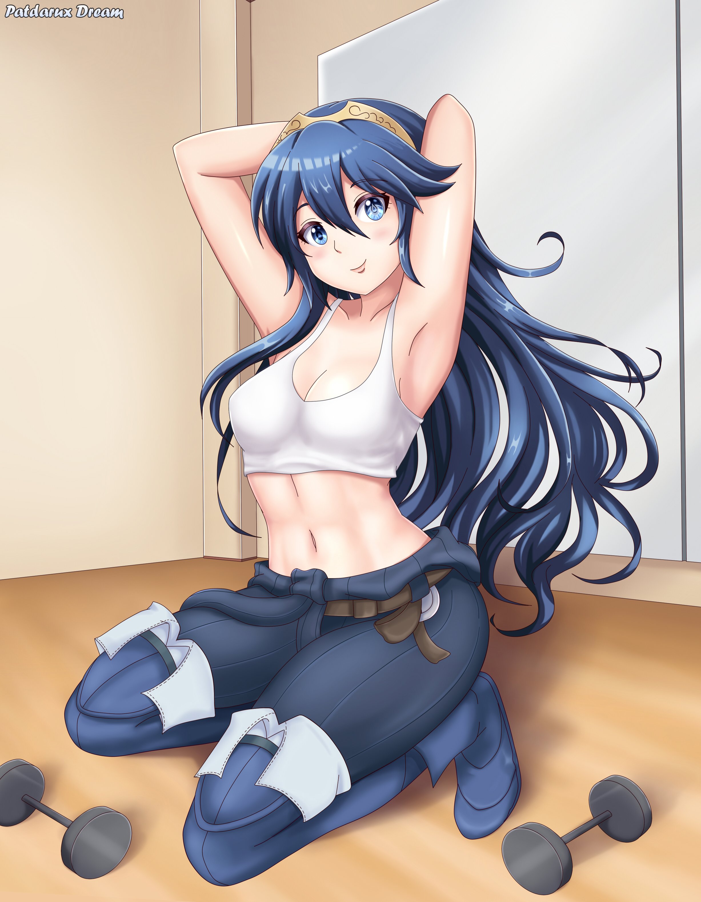 1girls, abs, absurdres, armpits, arms up, artist name, athletic, athletic female, blue eyes, blue hair, blush, boots, bra, breasts, cleavage, commission, crop top, dumbbell, exercise, falchion (fire emblem), female, female only, fingerless gloves, fire emblem, fire emblem awakening, fit, fit female, gloves, hair between eyes, highres, kneeling, long hair, looking at viewer, lucina (fire emblem), medium breasts, midriff, mirror, navel, nintendo, patdarux, shirt, simple background, smile, solo, symbol-shaped pupils, tank top, thigh boots, thighhighs, tiara, tying hair, very long hair, weights, white bra, wooden floor