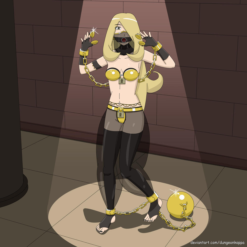 1girls ankle_cuffs ball_and_chain_restraint blonde_hair bondage breasts chains chastity chastity_belt chastity_bra chastity_device cynthia_(pokemon) dungeonkappa female_chastity gag gagged gloves grey_eyes hair_over_one_eye harem_pants lock long_hair looking_at_viewer medium_breasts midriff navel nintendo padlock painted_toenails pokemon pokemon_dppt ring_gag see-through spotlight thighhighs veil wrist_cuffs