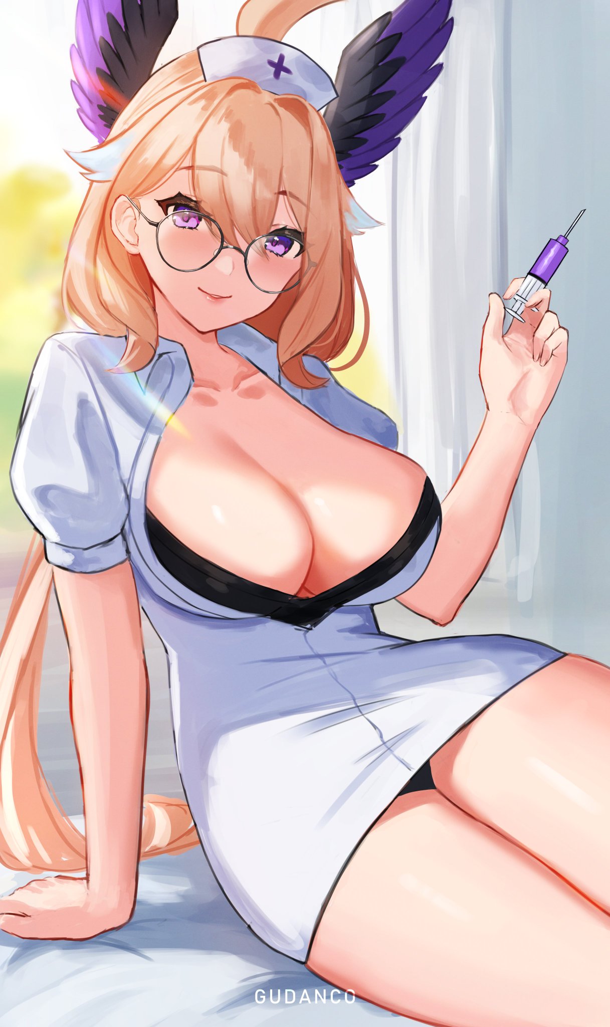 1girls bed big_breasts blonde_hair blush clothed clothing enna_alouette eyebrows_visible_through_hair female female_only glasses gudanco_(nyanmeowzer) light-skinned_female light_skin looking_at_viewer nijisanji nijisanji_en nurse on_bed purple_eyes round_glasses smile solo sunlight syringe virtual_youtuber white_bed_sheet window wings wings_on_head