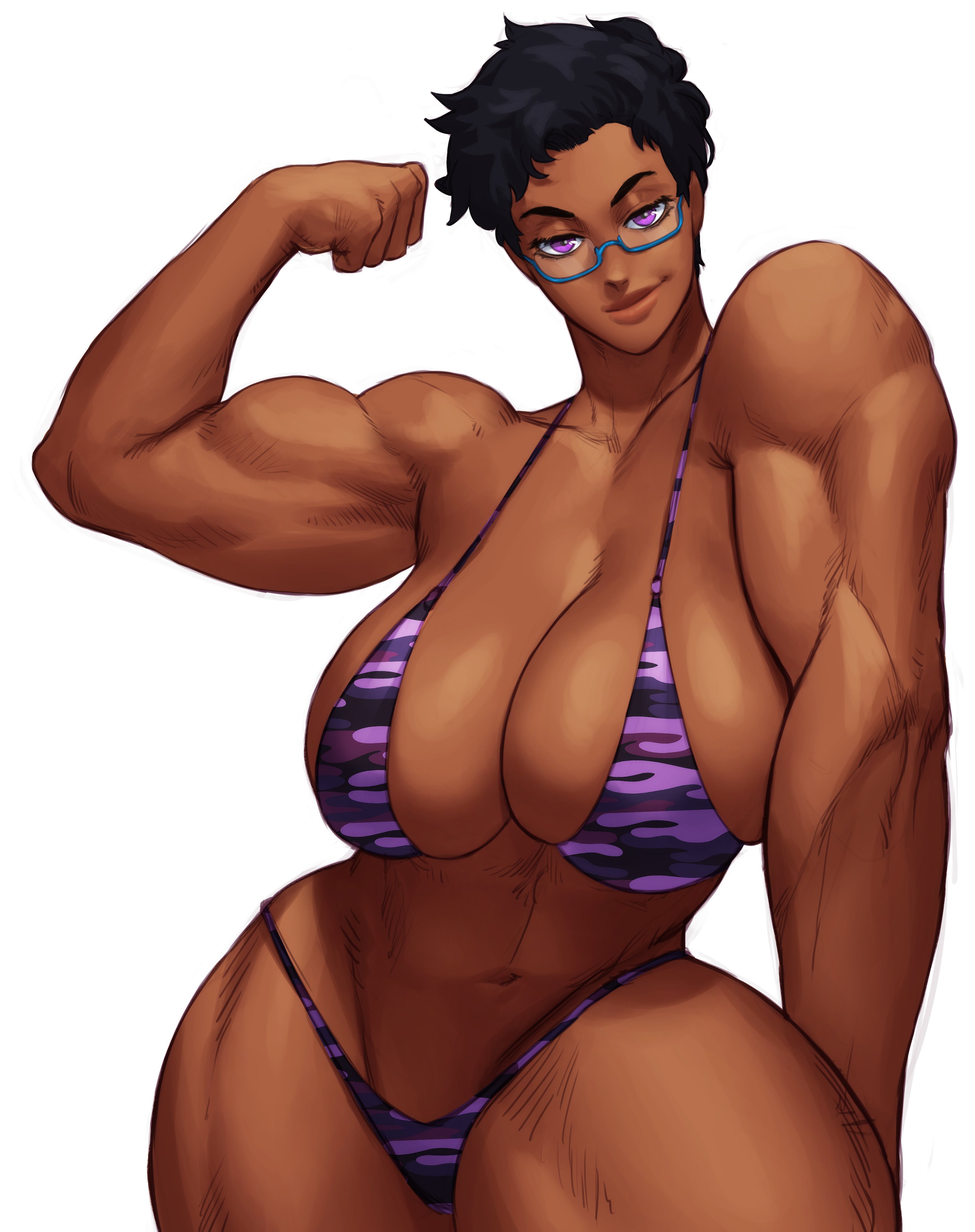 1girls, armpits, athletic, bianca (maverickszeke), big breasts, bikini, breasts, dark skin, dark-skinned female, female, female only, flexing, glasses, huge breasts, muscular, muscular female, purple bikini, purple eyes, purple thong, short hair, solo, sotcho, very short hair