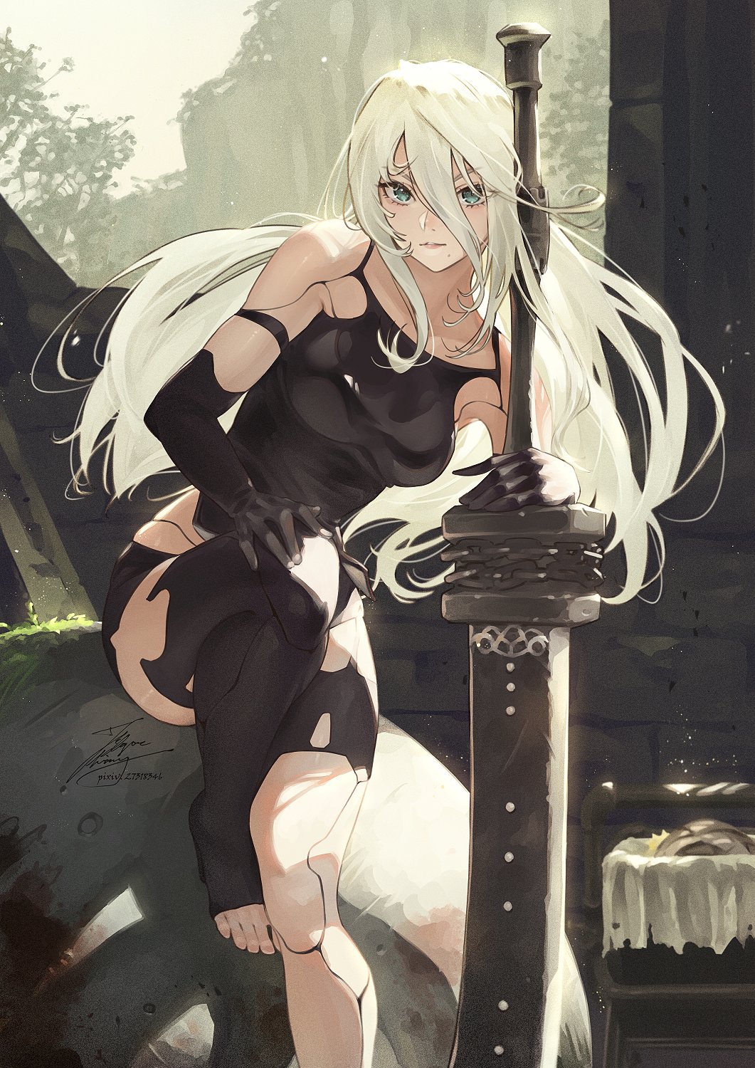 1girls barefoot big_ass fadingzz feet female female_only light-skinned_female light_skin long_hair looking_at_viewer nier:_automata thick_thighs white_hair yorha_a2