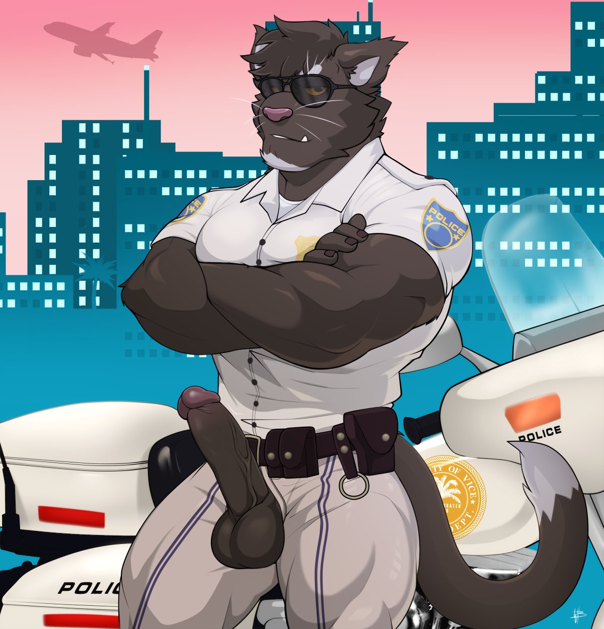 anthro balls bottomwear city city_background cityscape clothing crossed_arms erection exposed eyewear felid feline genitals hi_res looking_at_viewer male male_focus mammal motorcycle muscular pants penis police solo solo_male sunglasses tight_bottomwear tight_clothing tight_pants uniform vehicle vein veiny_penis wolfybuns