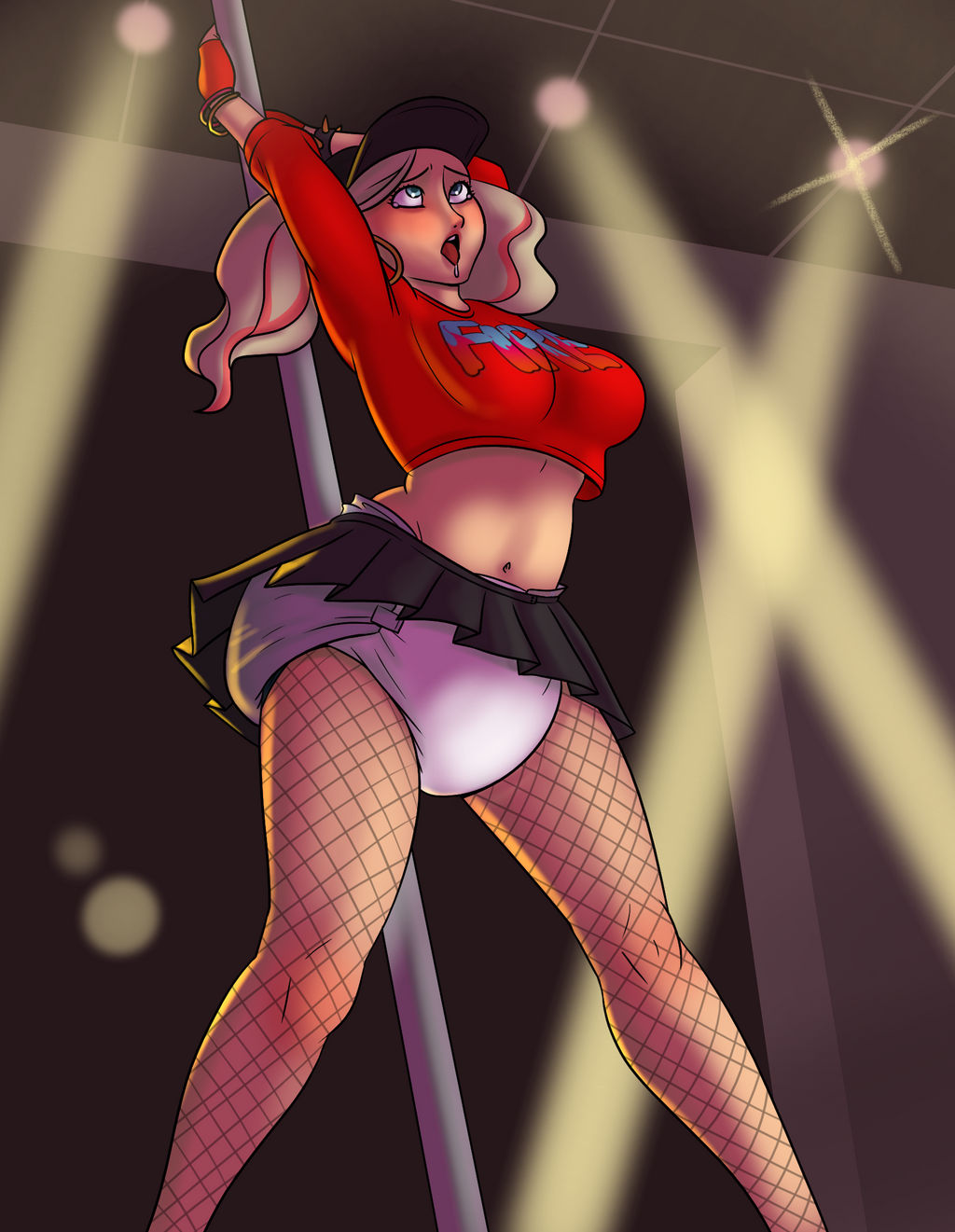 1girls ann_takamaki black_skirt blonde_hair blue_eyes bracelets breasts crop_top diaper diaper_under_clothing earrings fingerless_gloves fishnet_legwear fishnets gloves hoop_earrings large_breasts midriff mostlyodourless navel persona persona_5 pole pole_dancing red_crop_top skirt stage stage_lights stripper_pole twintails