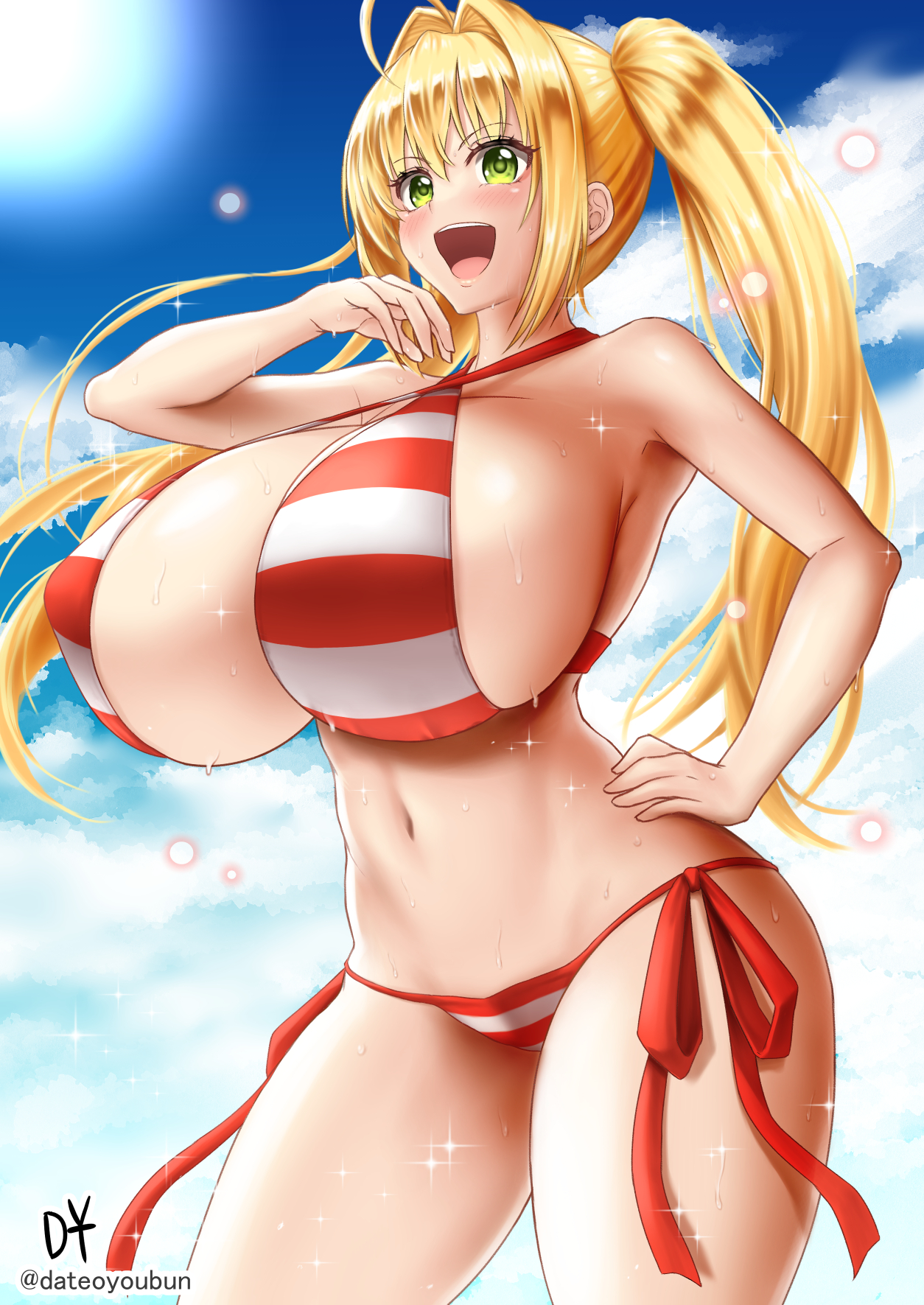 ahoge, big breasts, bikini, blonde hair, blush, breasts, dateoyoubun, enormous breasts, fate (series), fate/extra, fate/grand order, female, female only, green eyes, hair intakes, hand on hip, huge breasts, long hair, nero claudius (fate), nero claudius (swimsuit caster), nipple bulge, open mouth, side-tie bikini, sideboob, smile, solo, striped bikini, sweat, swimsuit, thick thighs, twintails, type-moon, wet, wet skin