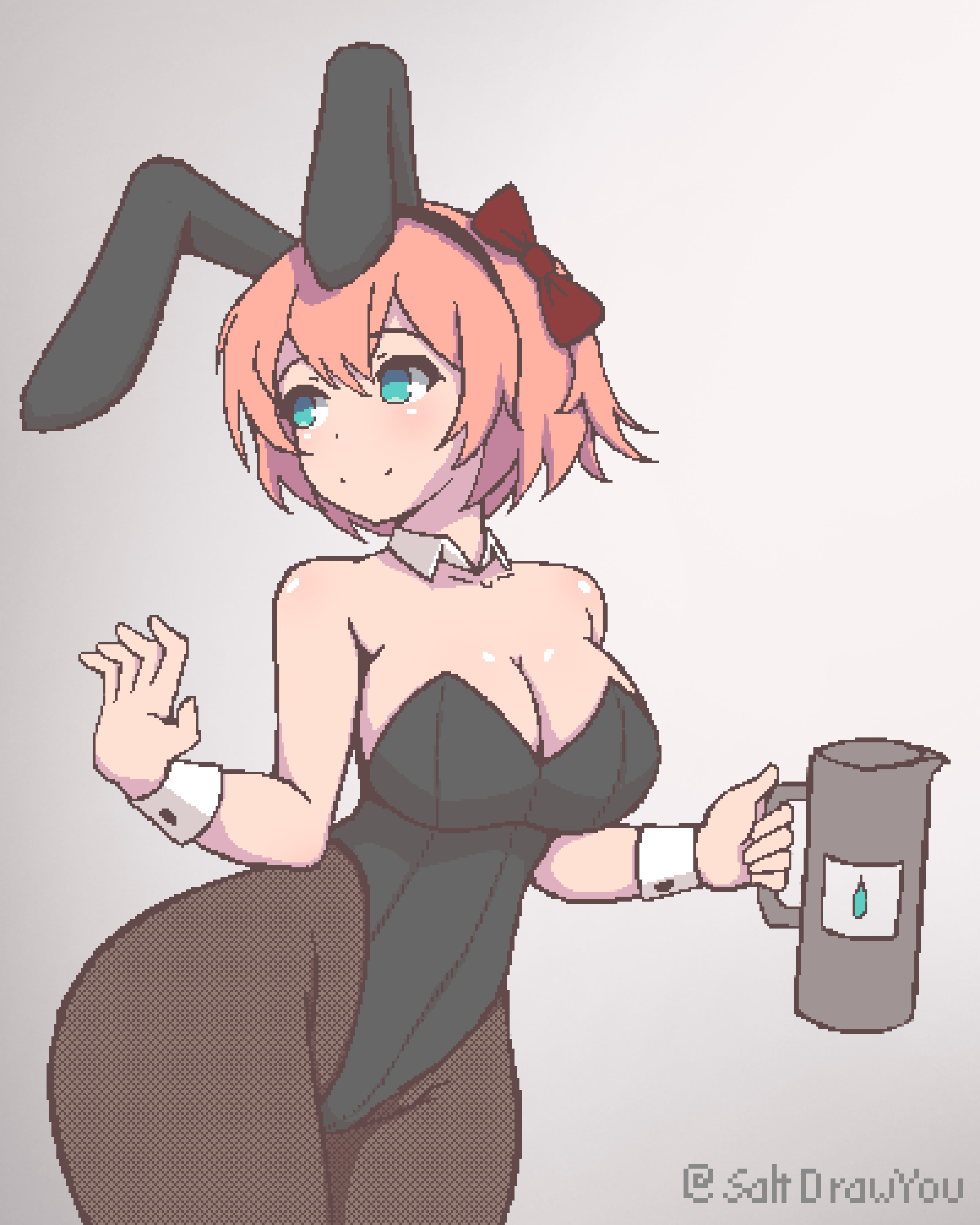 1girls animal_ears aqua_eyes arm_up big_breasts black_bunny_ears black_bunnysuit black_legwear black_leotard black_pantyhose blue_eyes bow bunny_ears bunny_girl bunnysuit collar collarbone curvy cute detached_collar doki_doki_literature_club fake_animal_ears female fishnets gray_background hair_between_eyes hair_bow highleg_leotard holding holding_mug just_sayori light-skinned_female light_blush light_skin looking_to_the_side medium_breasts orange_hair pitcher pixel_art red_bow saltdrawyou sayori_(doki_doki_literature_club) short_hair smile smiling soft_color solo twitter_username waitress water white_collar white_wrist_cuffs wide_hips wrist_cuffs