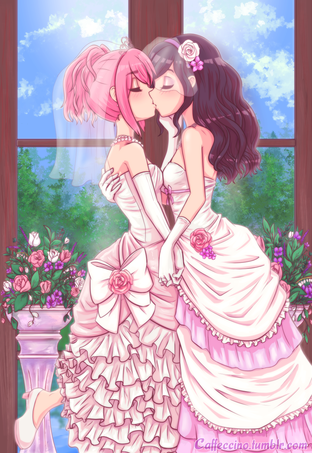 2girls akemi_homura black_hair breasts bride caffeccino closed_eyes clouds couple dress female female_only flower_in_hair flowers gloves hairband hand_on_back hand_on_head high_heels holding_hands indoors kissing legs_up lesbian_kiss long_hair madoka_kaname mahou_shoujo_madoka_magica necklace pearl_necklace pink_dress pink_hair ponytail sky small_breasts standing_on_one_leg strapless_dress tiara trees wedding_dress wedding_veil white_dress wife_and_wife window yuri